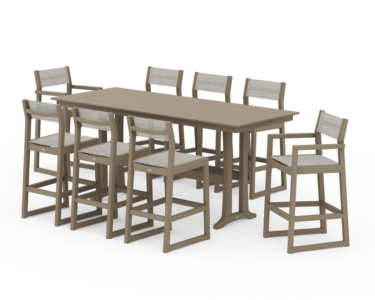 POLYWOOD EDGE Sling 9-Piece Farmhouse Bar Set with Trestle Legs in Vintage Sahara / Birch