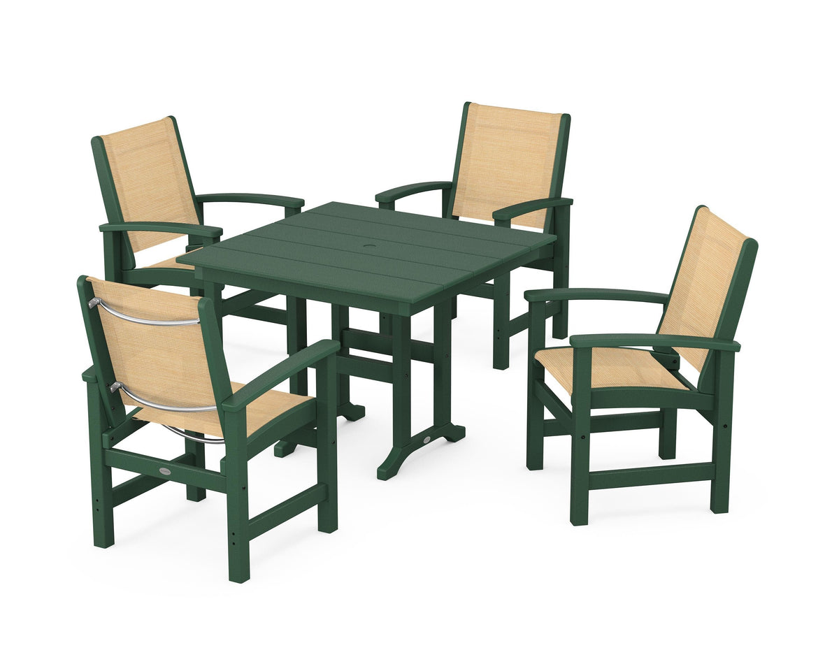 POLYWOOD Coastal 5-Piece Farmhouse Dining Set with Farmhouse 37" Dining Table in Green / Dupioni Apricot