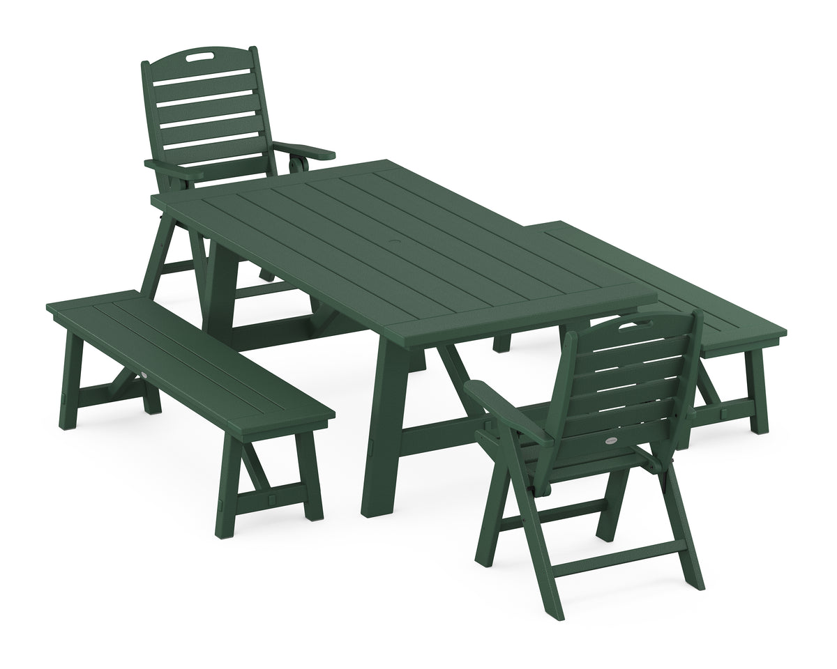 POLYWOOD Nautical Folding Highback Chair 5-Piece Rustic Farmhouse Dining Set with Benches in Green