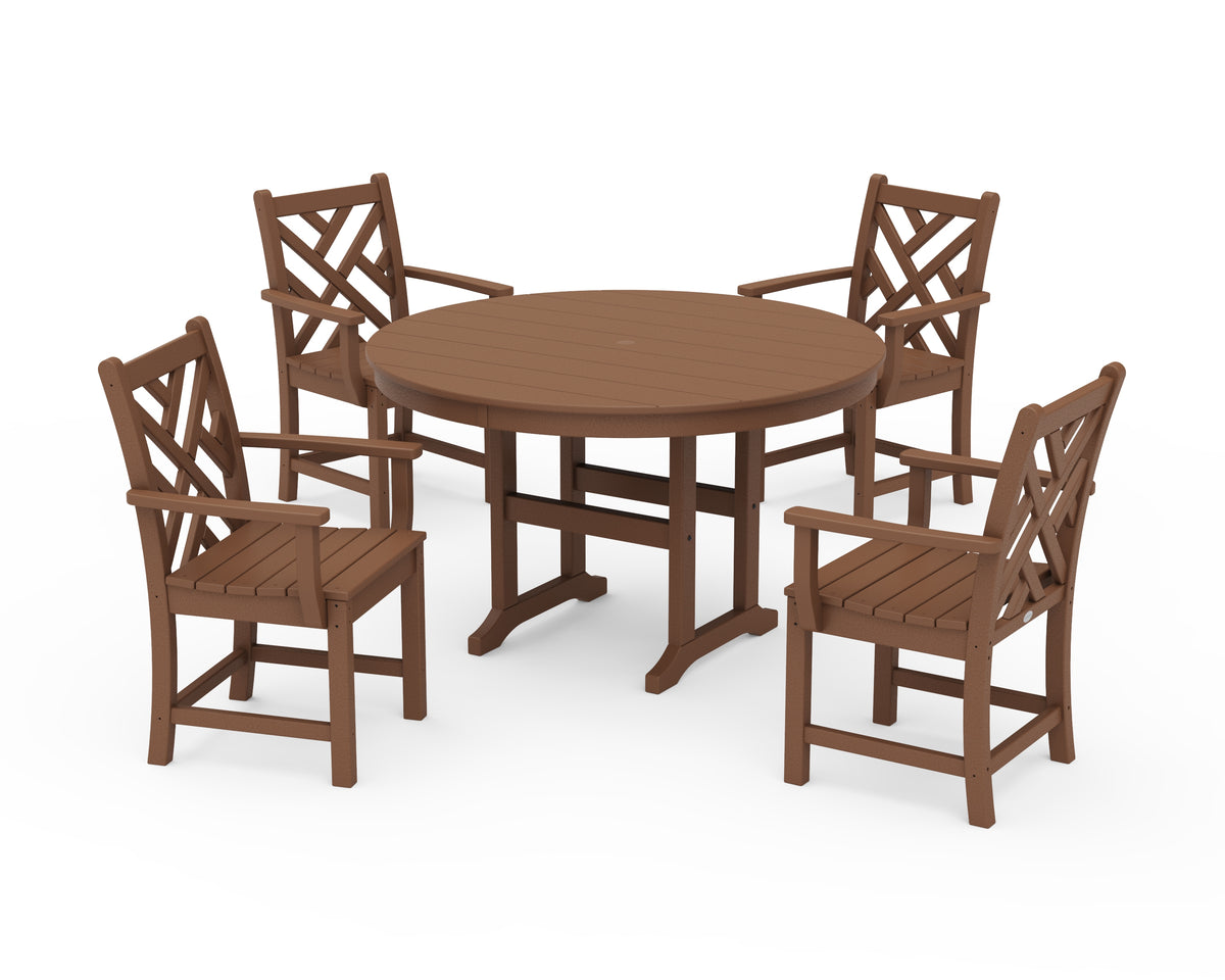 POLYWOOD Chippendale 5-Piece Round Farmhouse Dining Set in Teak