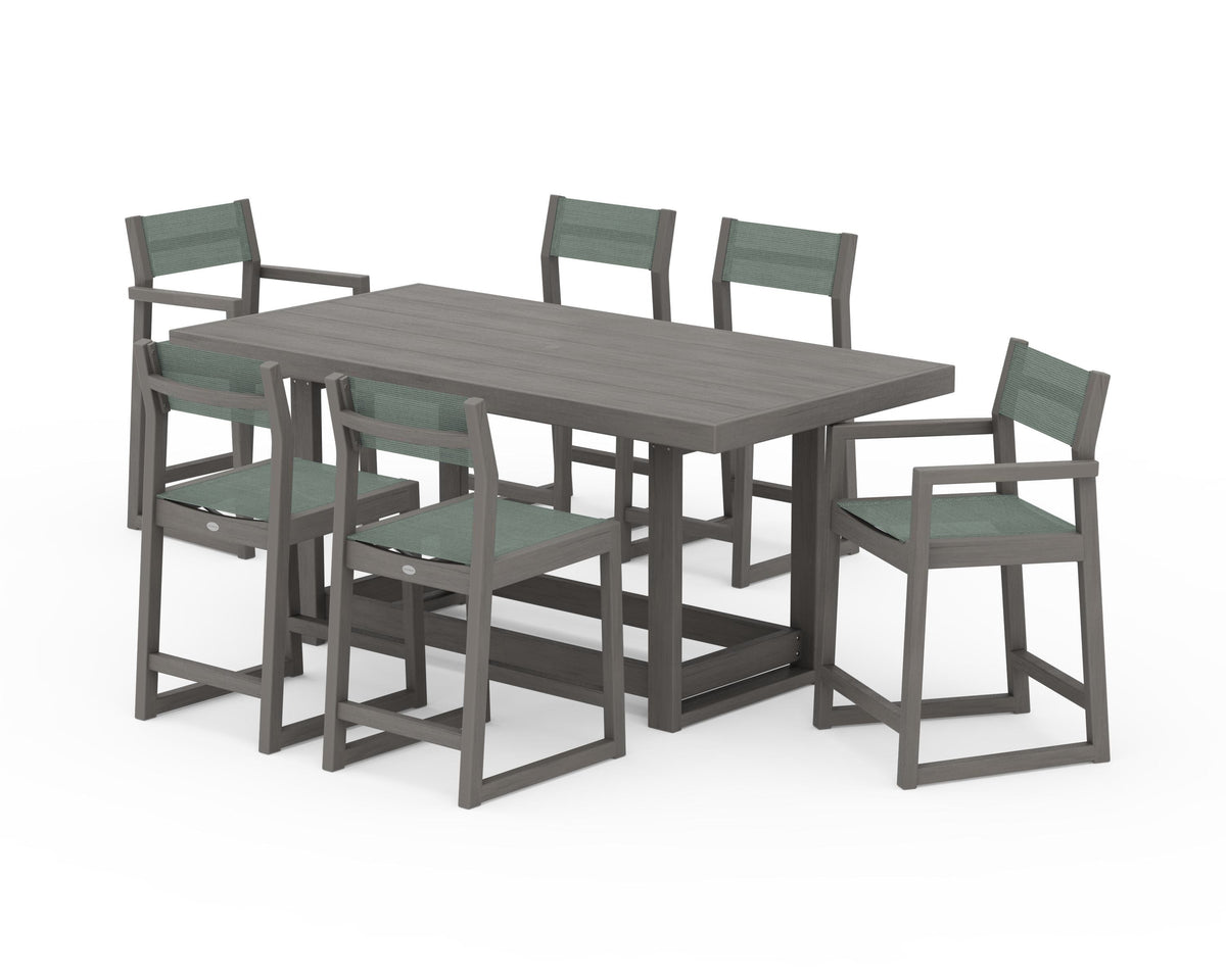 POLYWOOD EDGE Sling 7-Piece Counter Table Set in Driftwood / Dupioni Sea Mist