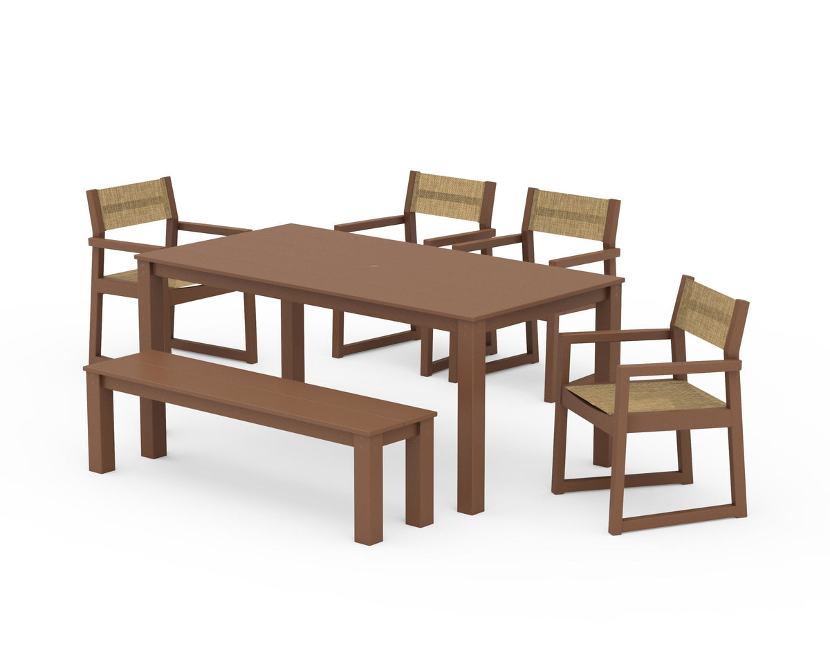 POLYWOOD EDGE Sling Arm Chair 6-Piece Parsons Dining Set with Bench in Teak / Burlap