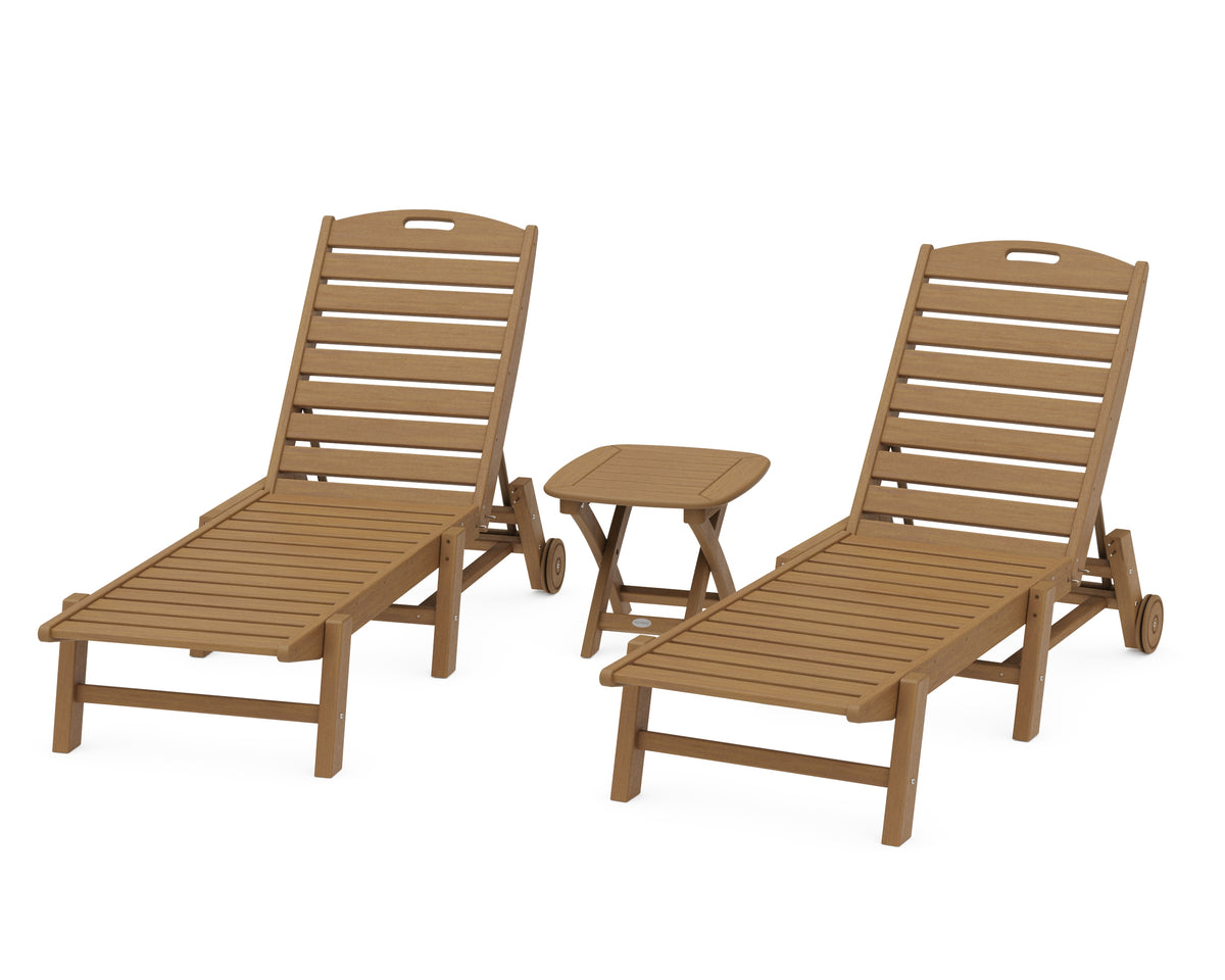 POLYWOOD Nautical 3-Piece Wheeled Chaise Set with Nautical Side Table in Natural