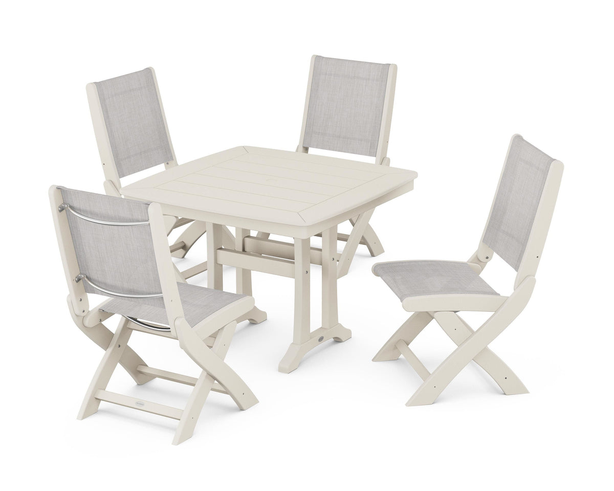 POLYWOOD Coastal Folding Side Chair 5-Piece Dining Set with Trestle Legs in Sand / Parchment