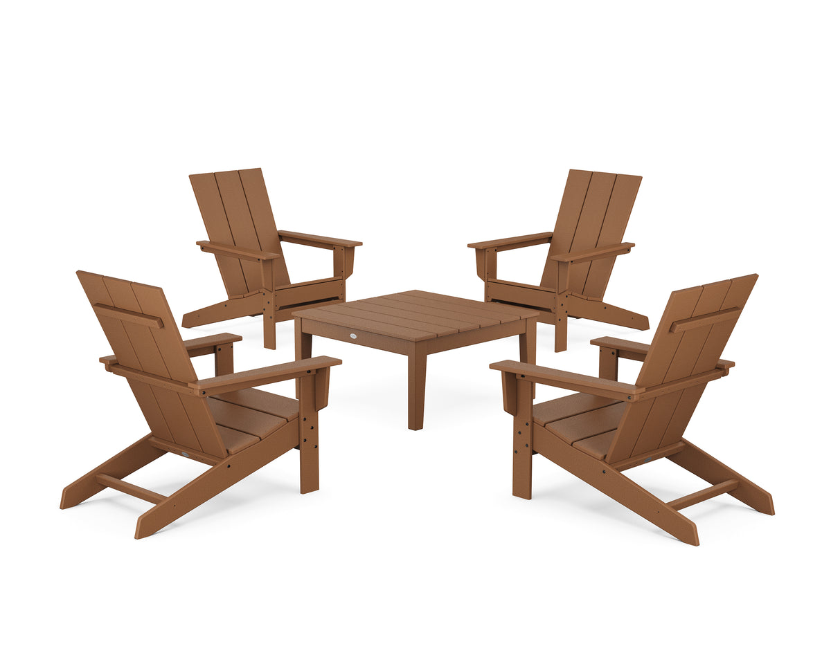 POLYWOOD 5-Piece Modern Studio Adirondack Chair Conversation Group in Teak