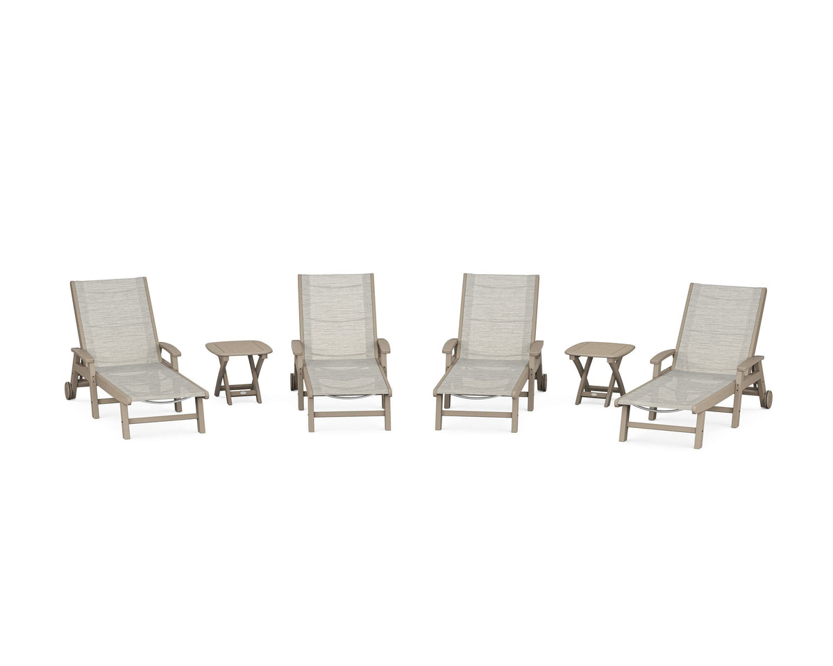 POLYWOOD Coastal Chaise 6-Piece Set with Wheels in Vintage Sahara / Birch