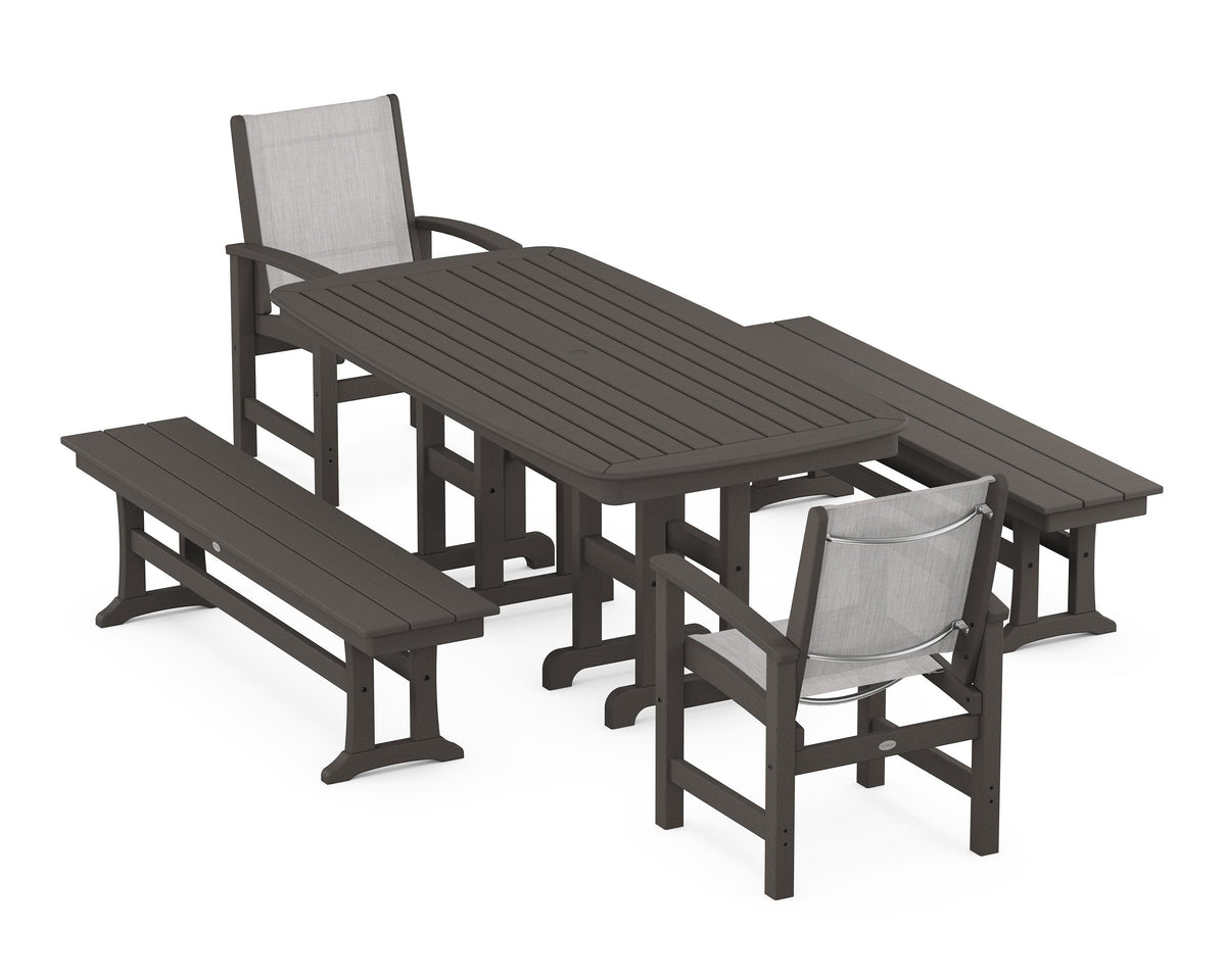 POLYWOOD Coastal 5-Piece Dining Set with Nautical 37" x 72" Dining Table in Vintage Coffee / Parchment