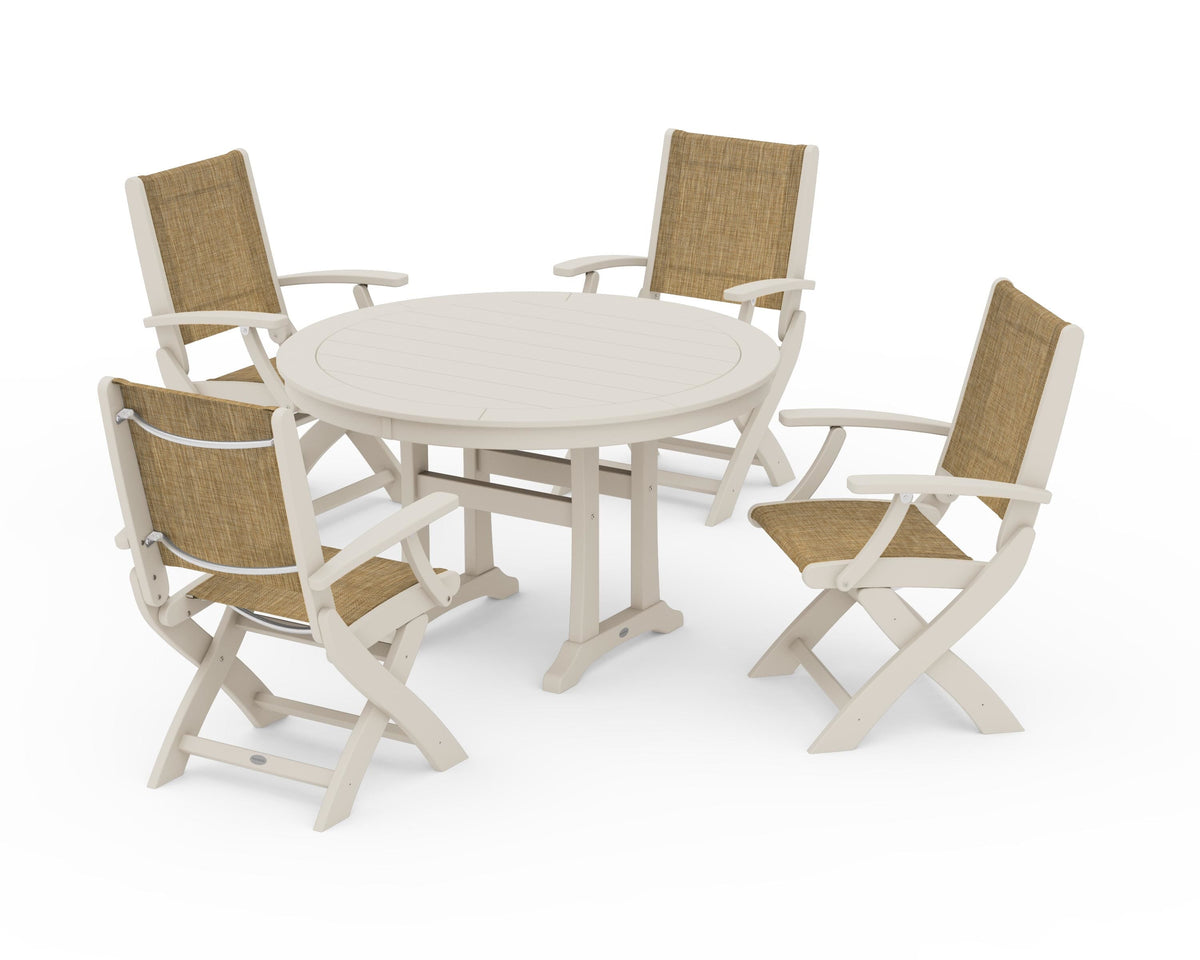 POLYWOOD Coastal Folding Chair 5-Piece Round Dining Set with Trestle Legs in Sand / Burlap