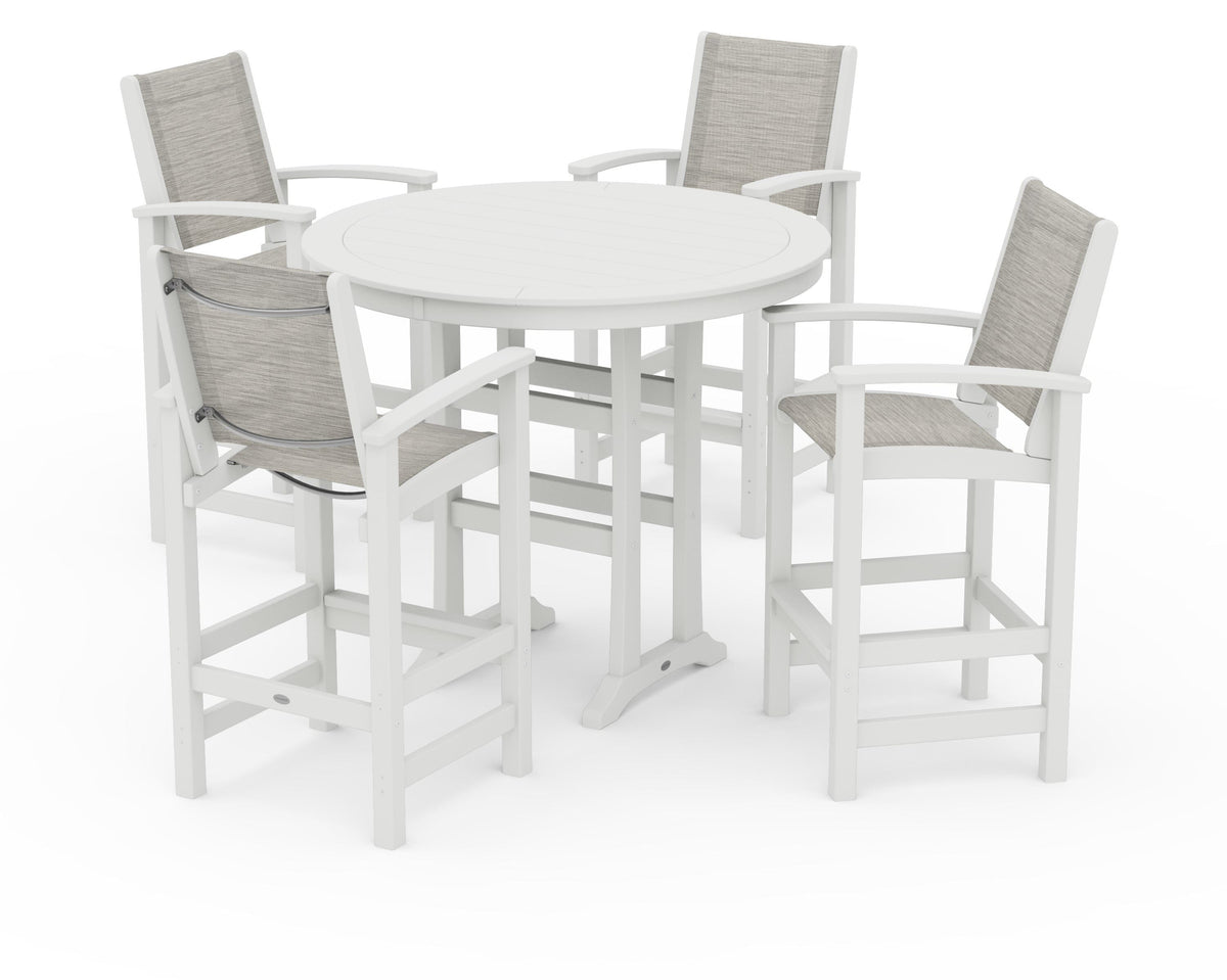 POLYWOOD Coastal 5-Piece Nautical Trestle Bar Set in Vintage White / Birch