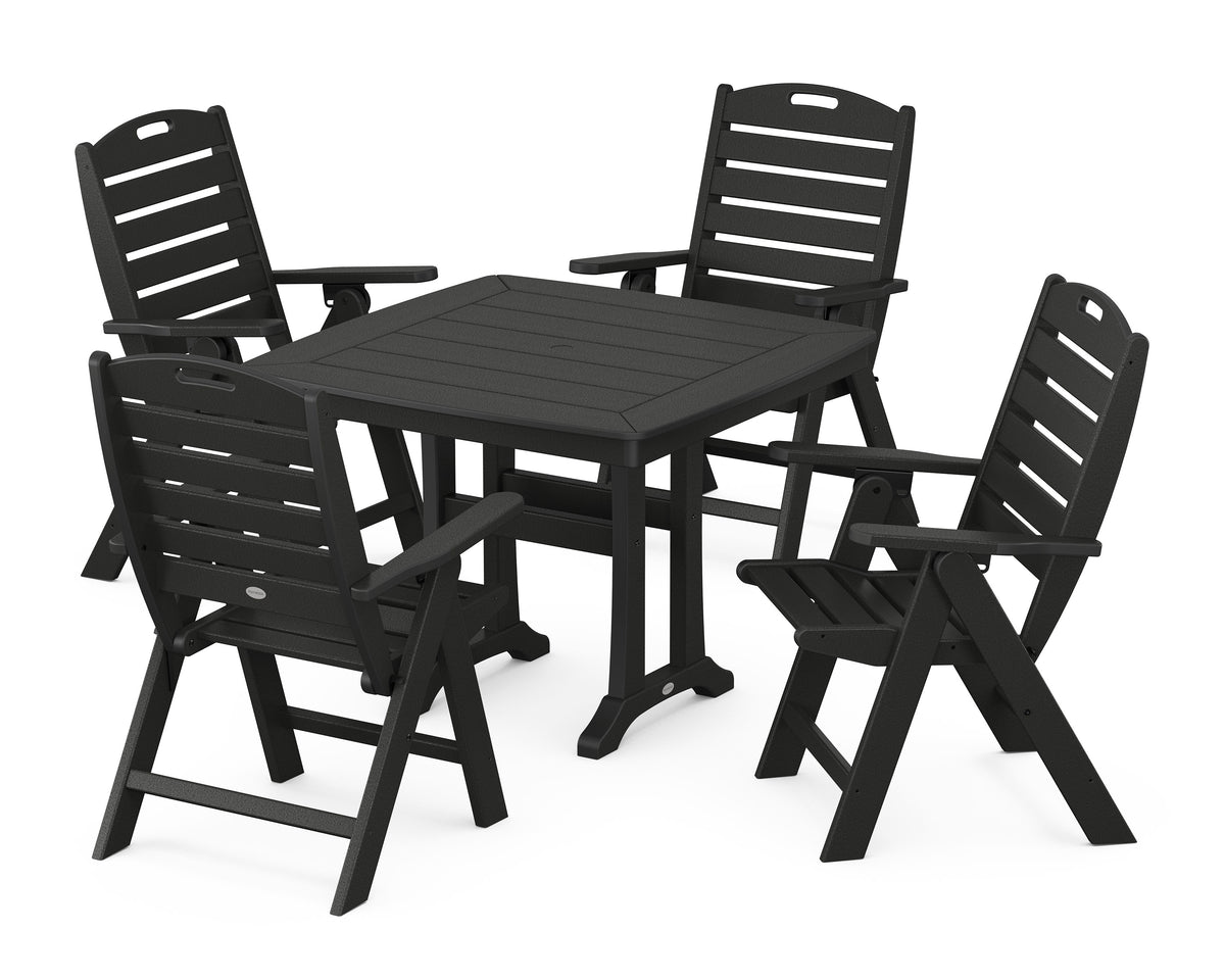 POLYWOOD Nautical Folding Highback Chair 5-Piece Dining Set with Trestle Legs in Black