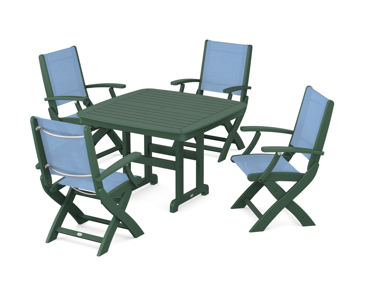 POLYWOOD Coastal Folding Chair 5-Piece Dining Set with Nautical 44" Dining Table in Green / Poolside
