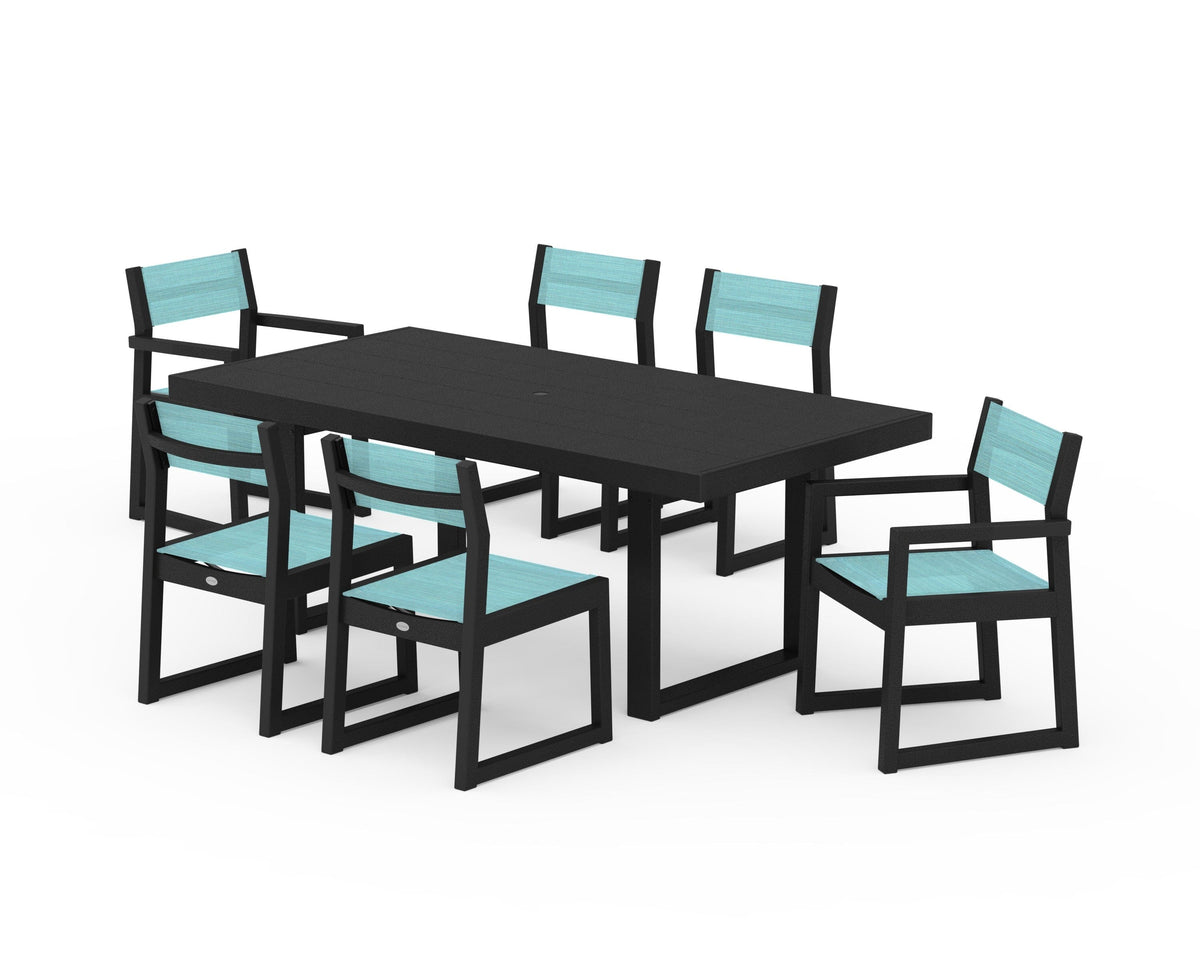 POLYWOOD EDGE Sling 7-Piece Dining Set in Black / Dupioni Aquamarine