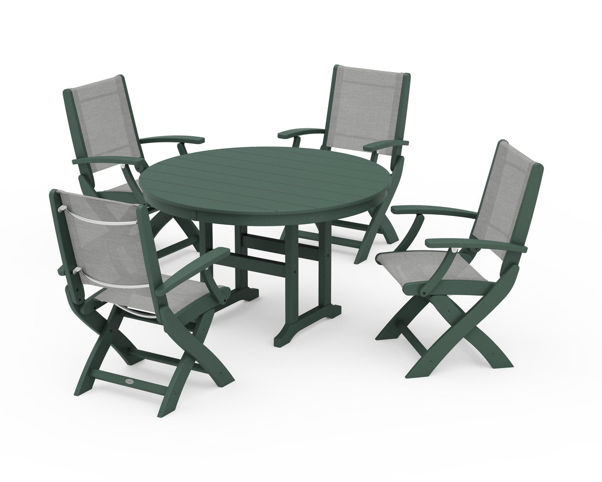 POLYWOOD Coastal Folding Chair 5-Piece Round Dining Set in Green / Metallic
