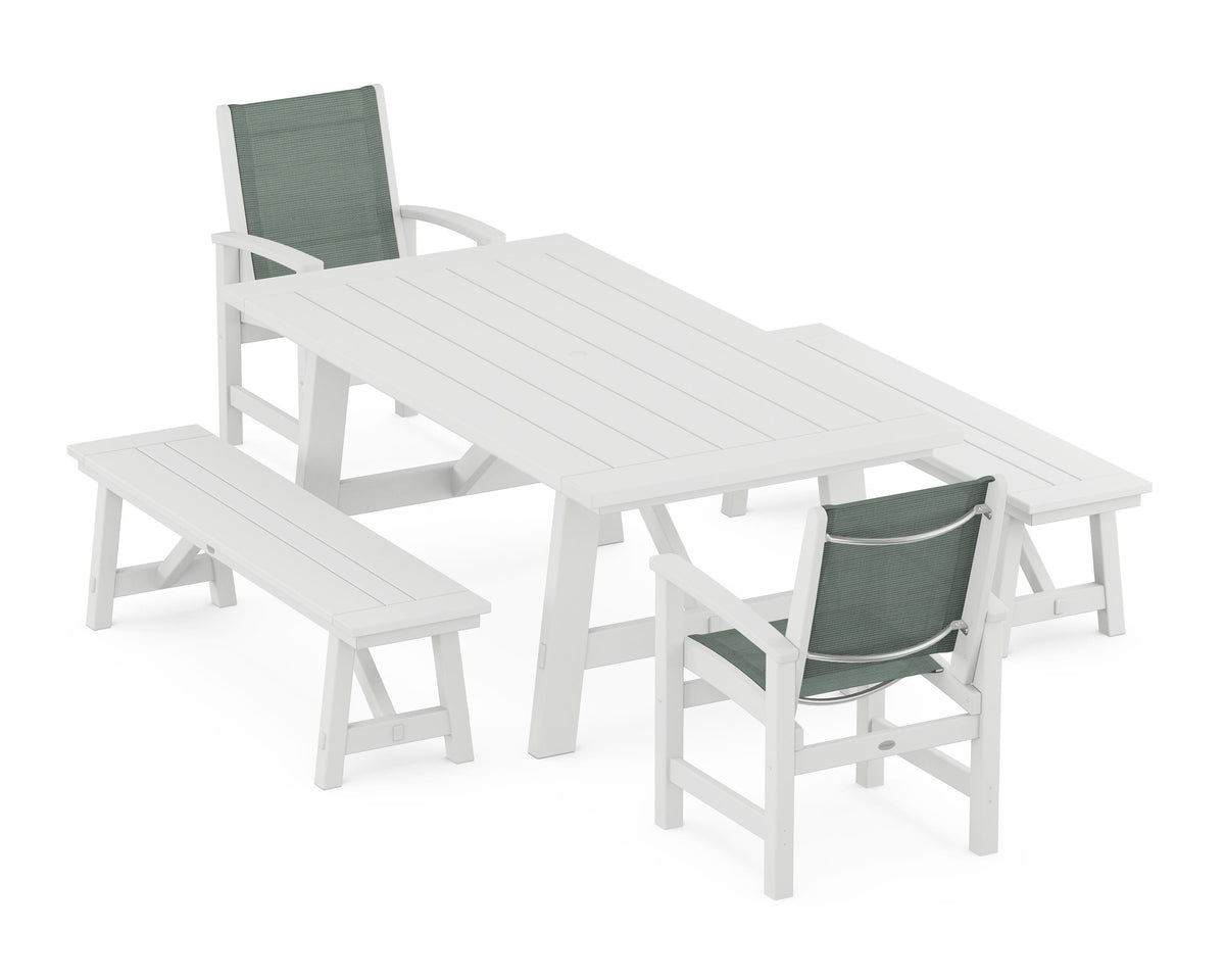 POLYWOOD Coastal 5-Piece Rustic Farmhouse Dining Set With Benches in White / Dupioni Sea Mist
