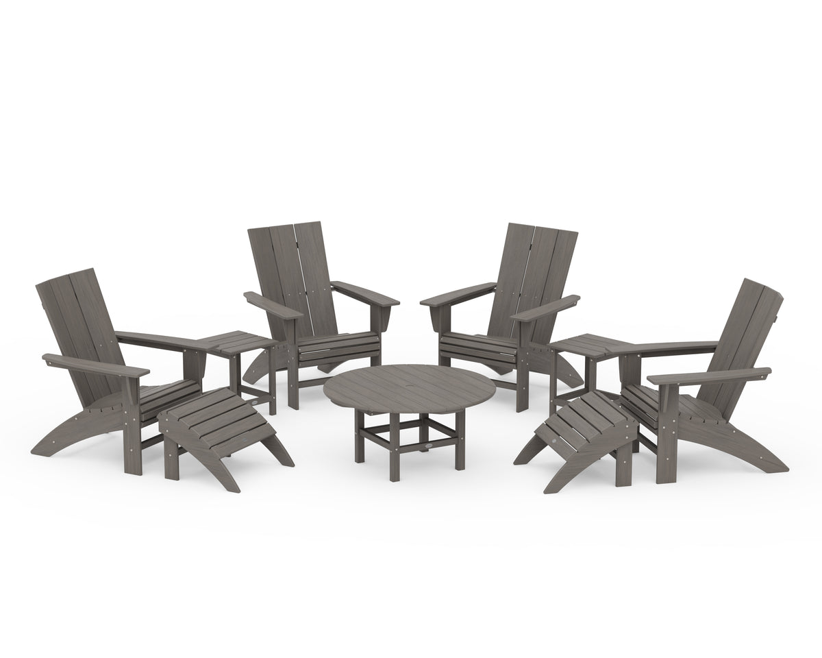 POLYWOOD Modern Curveback Adirondack Chair 9-Piece Conversation Set in Driftwood