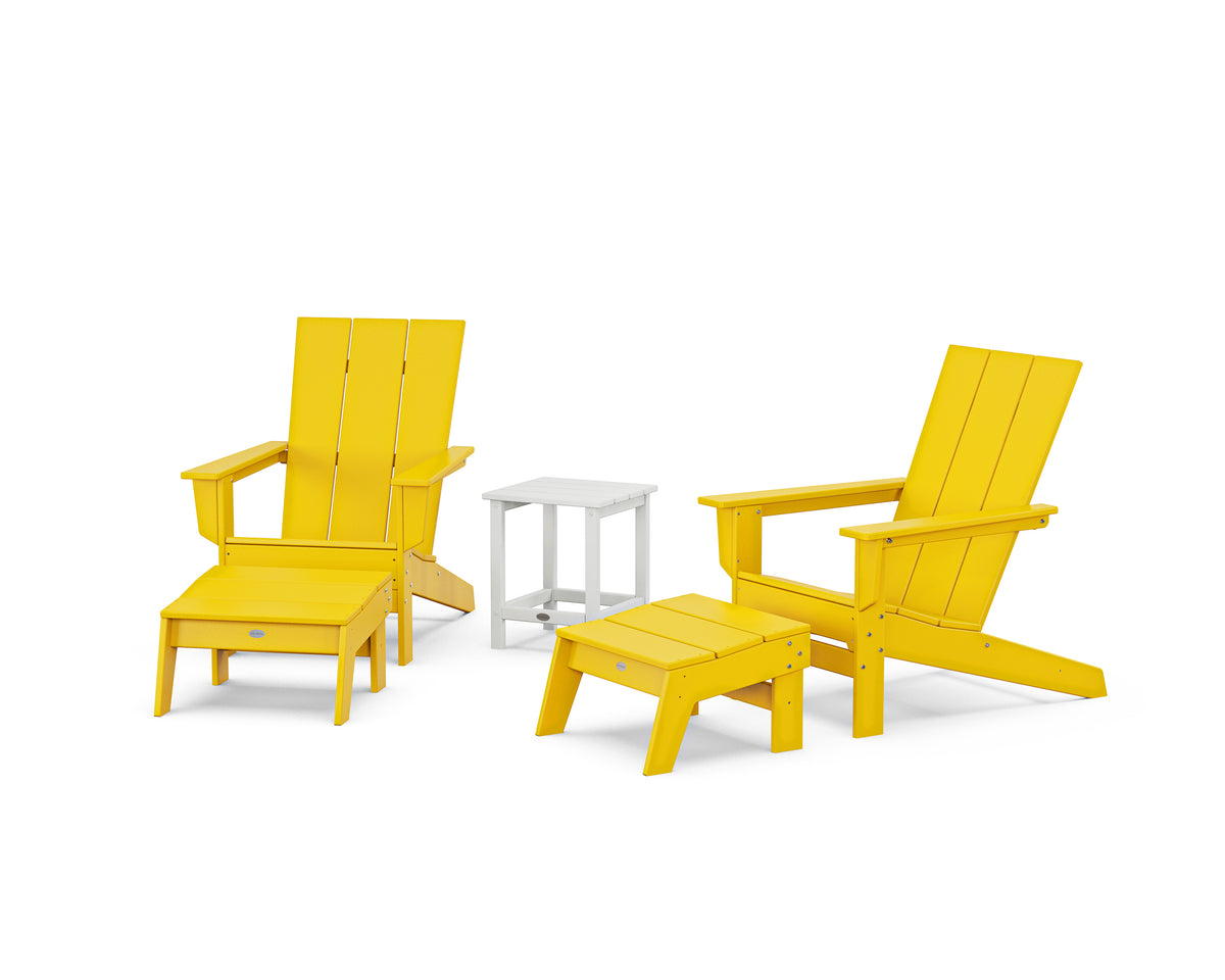 POLYWOOD 5-Piece Modern Studio Adirondack Set with Ottomans and Side Table in Lemon / White