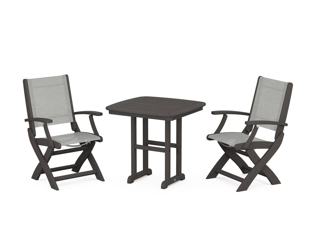POLYWOOD Coastal Folding Chair 3-Piece Dining Set in Vintage Coffee / Metallic