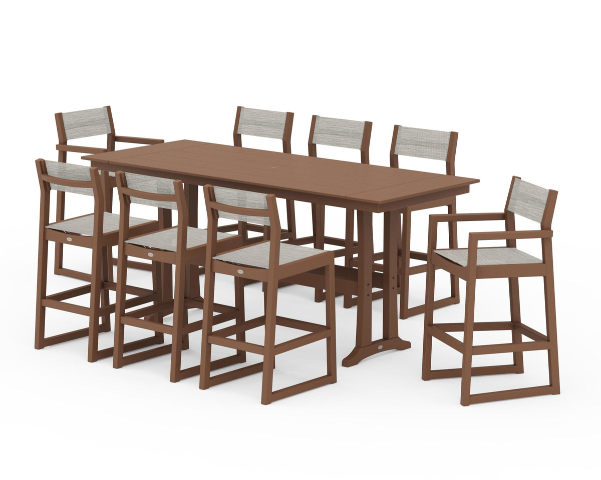 POLYWOOD EDGE Sling 9-Piece Farmhouse Bar Set with Trestle Legs in Teak / Birch
