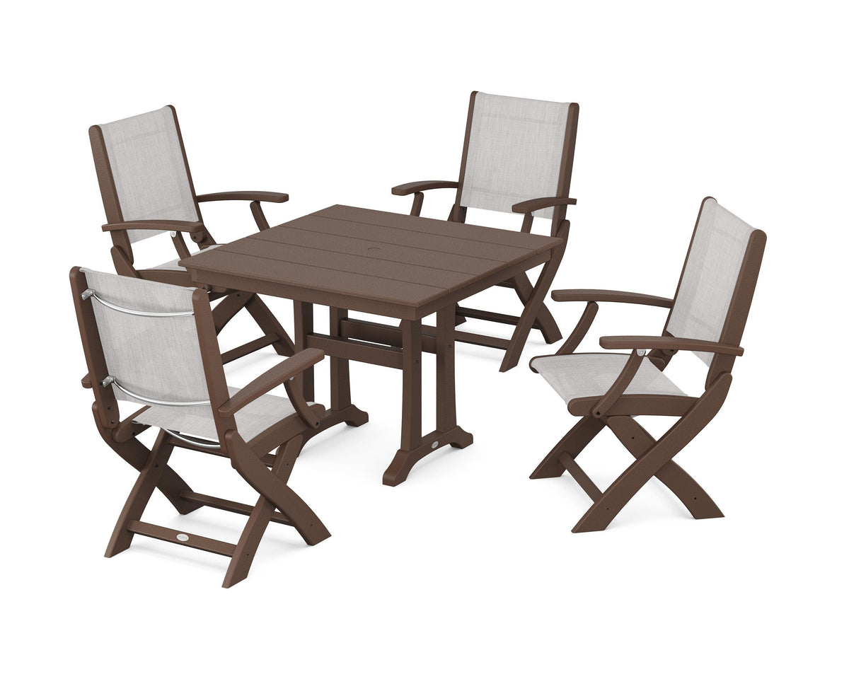 POLYWOOD Coastal Folding Chair 5-Piece Farmhouse Dining Set With Trestle Legs in Mahogany / Parchment