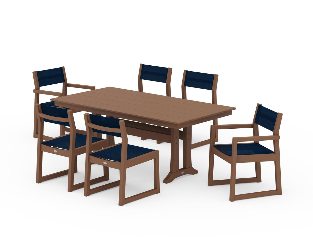 POLYWOOD EDGE Sling 7-Piece Farmhouse Trestle Dining Set in Teak / Navy Blue