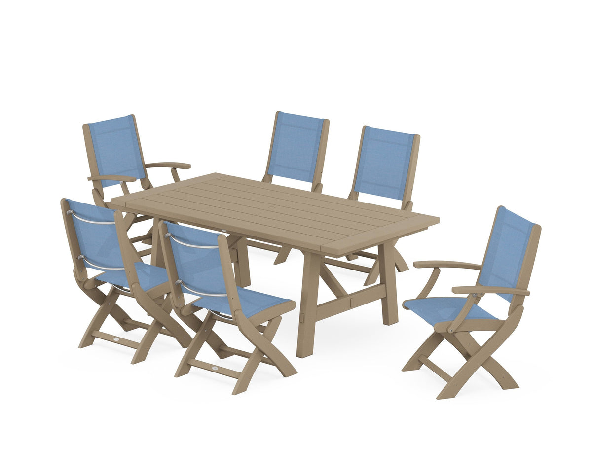 POLYWOOD Coastal Folding Chair 7-Piece Rustic Farmhouse Dining Set in Vintage Sahara / Poolside