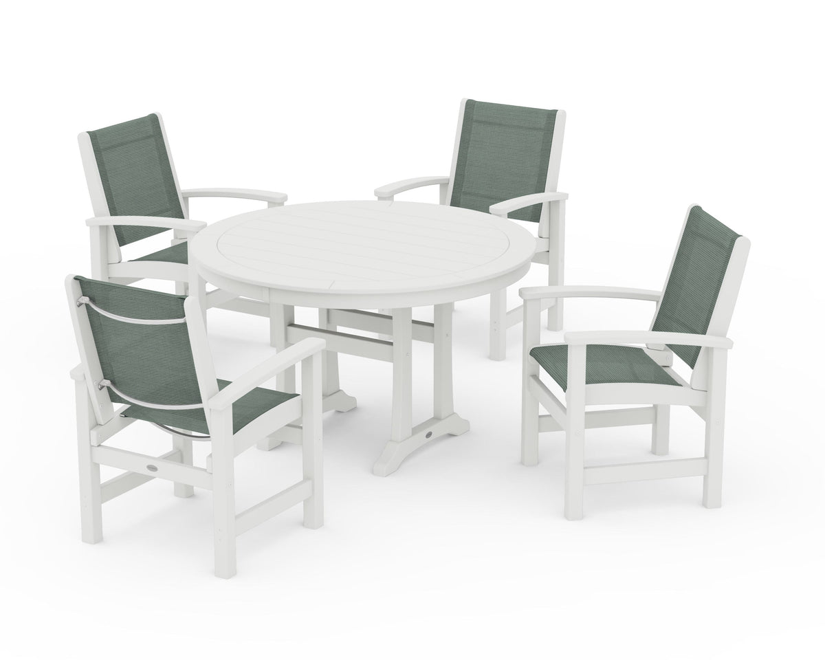 POLYWOOD Coastal 5-Piece Round Dining Set with Trestle Legs in Vintage White / Dupioni Sea Mist