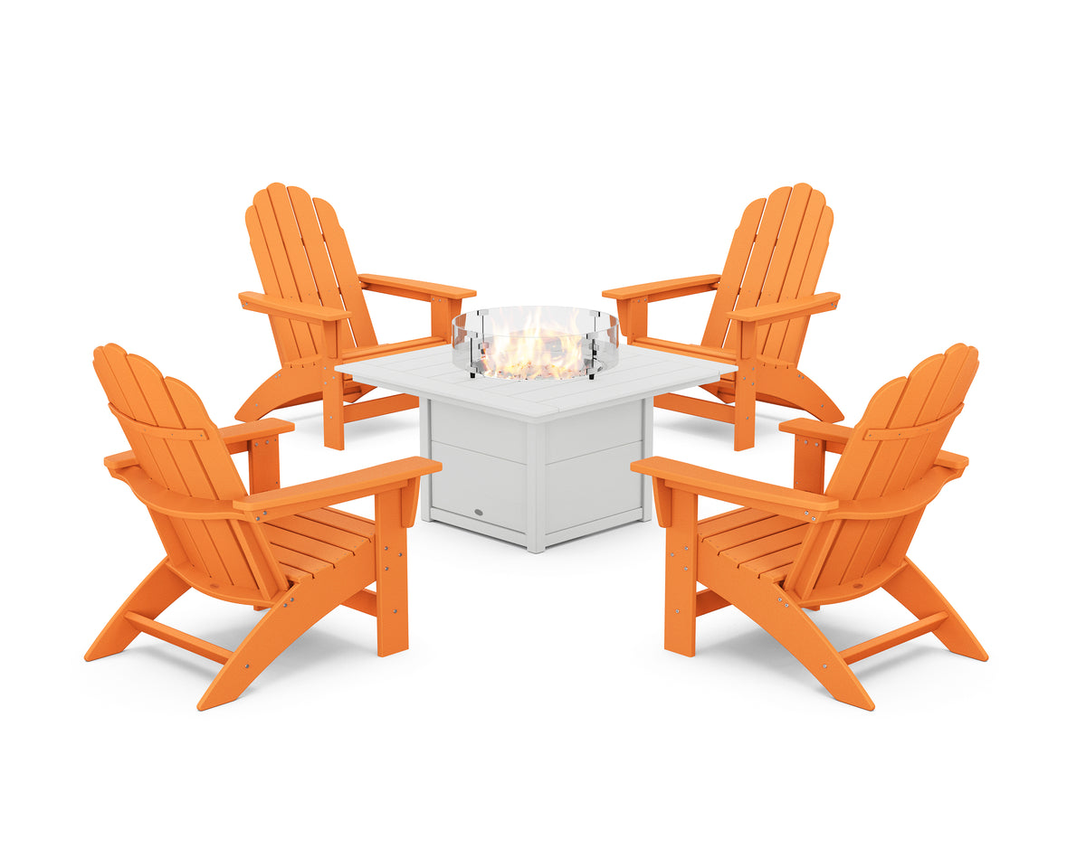 POLYWOOD 5-Piece Vineyard Grand Adirondack Conversation Set with Fire Pit Table in Tangerine / White