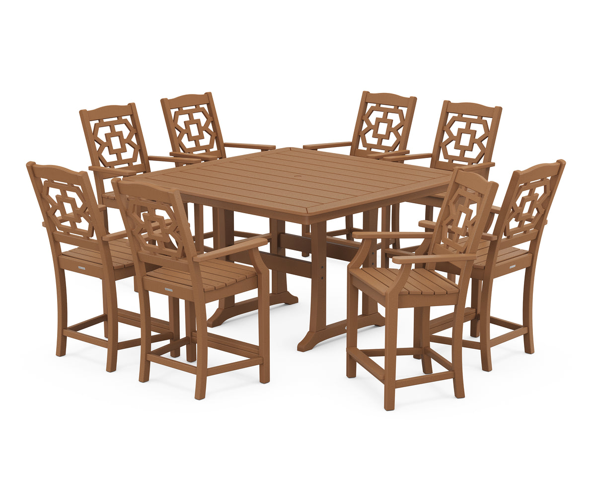POLYWOOD Chinoiserie 9-Piece Square Counter Set with Trestle Legs in Teak