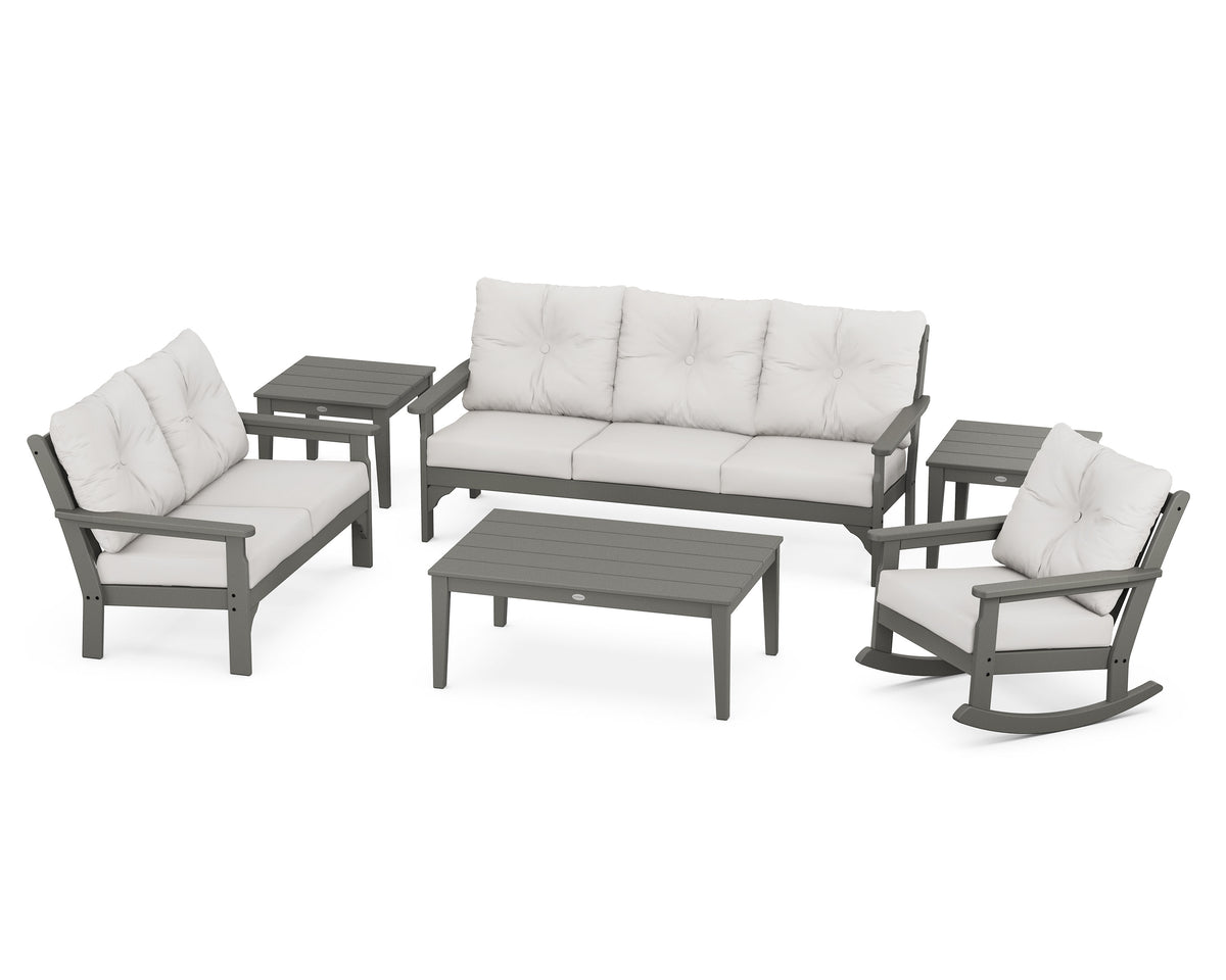 POLYWOOD Vineyard 6-Piece Deep Seating Set with Rocking Chair in Slate Grey / Natural Linen