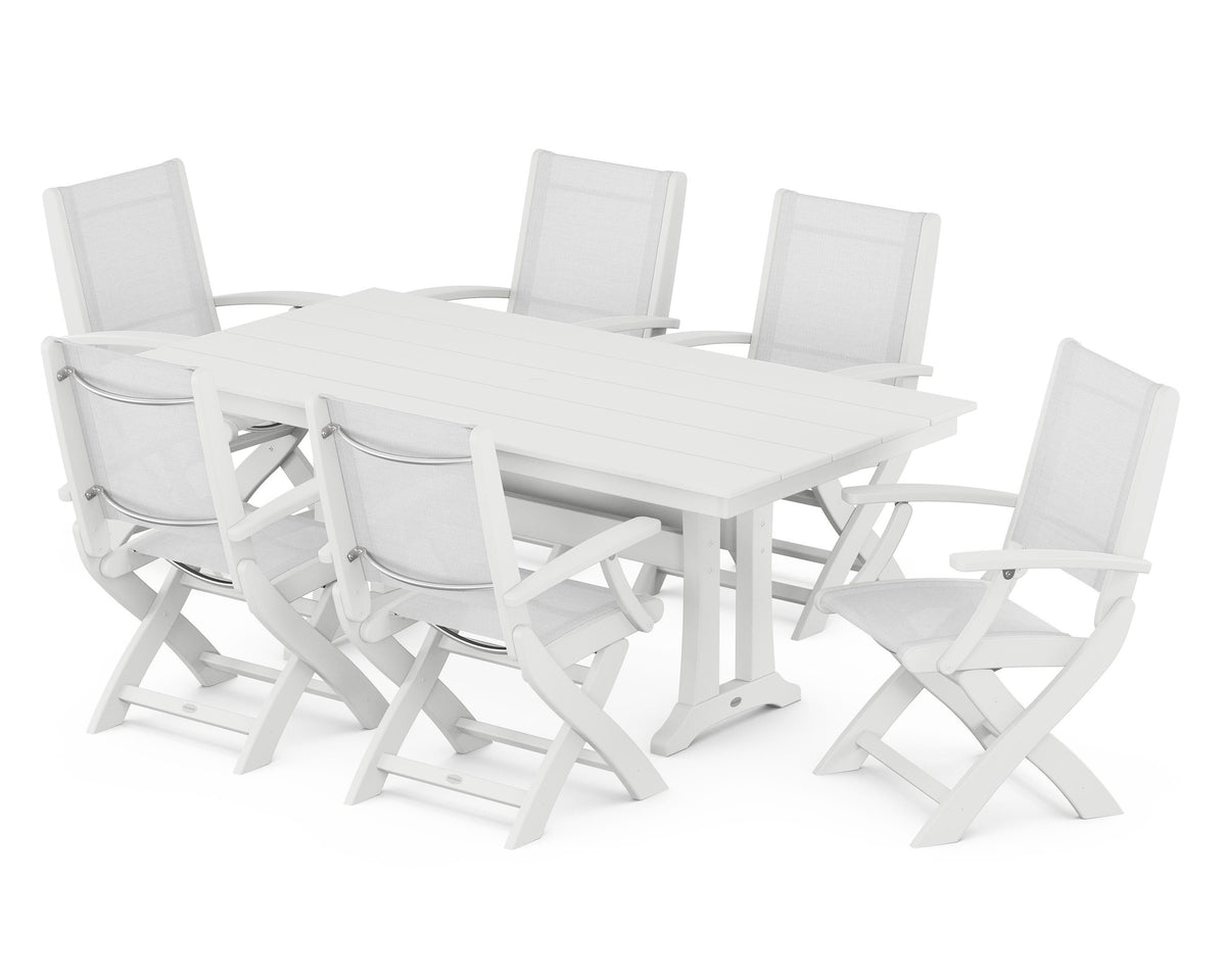 POLYWOOD Coastal Folding Arm Chair 7-Piece Farmhouse Dining Set with Trestle Legs in White / White