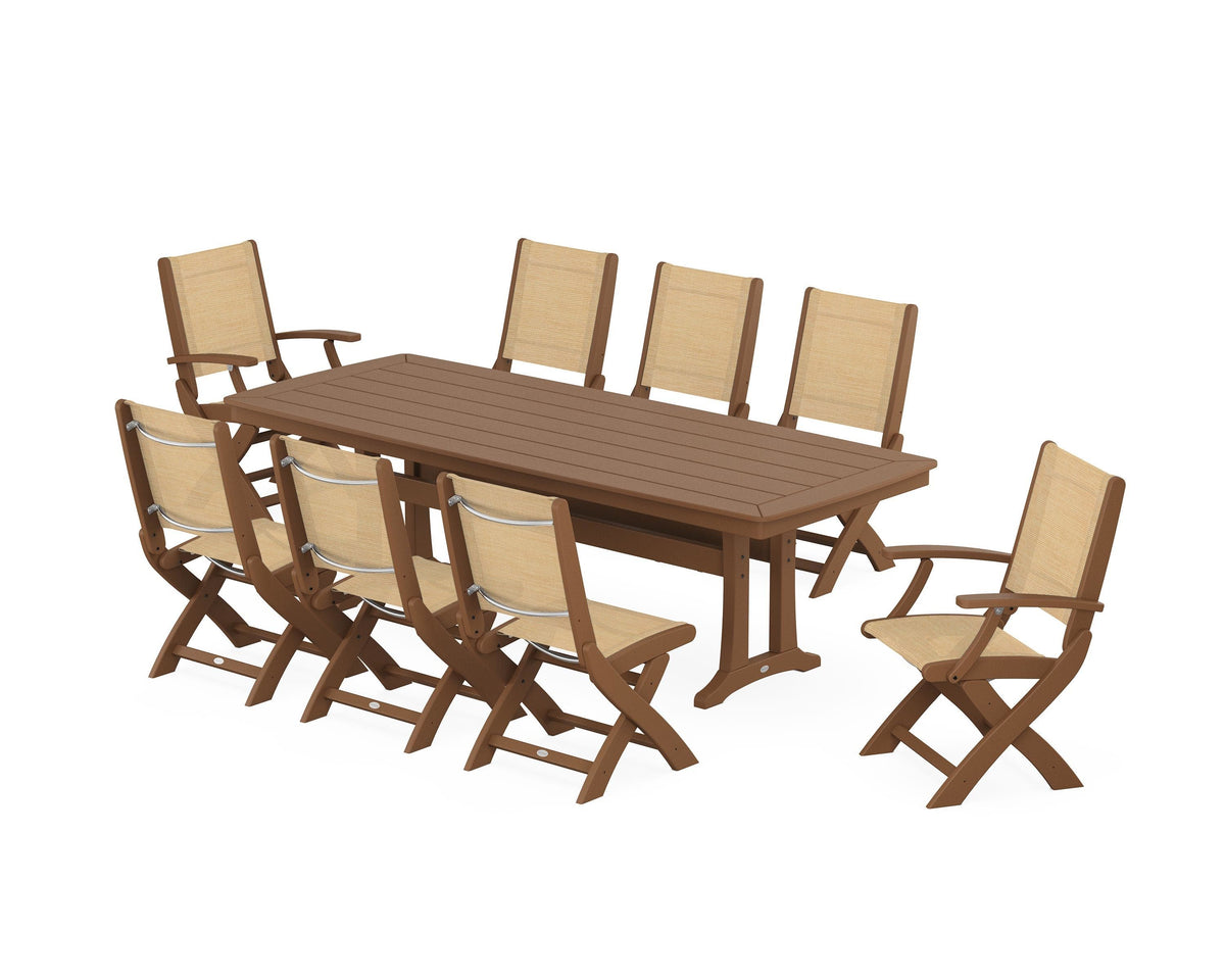 POLYWOOD Coastal Folding 9-Piece Dining Set with Trestle Legs in Teak / Dupioni Apricot