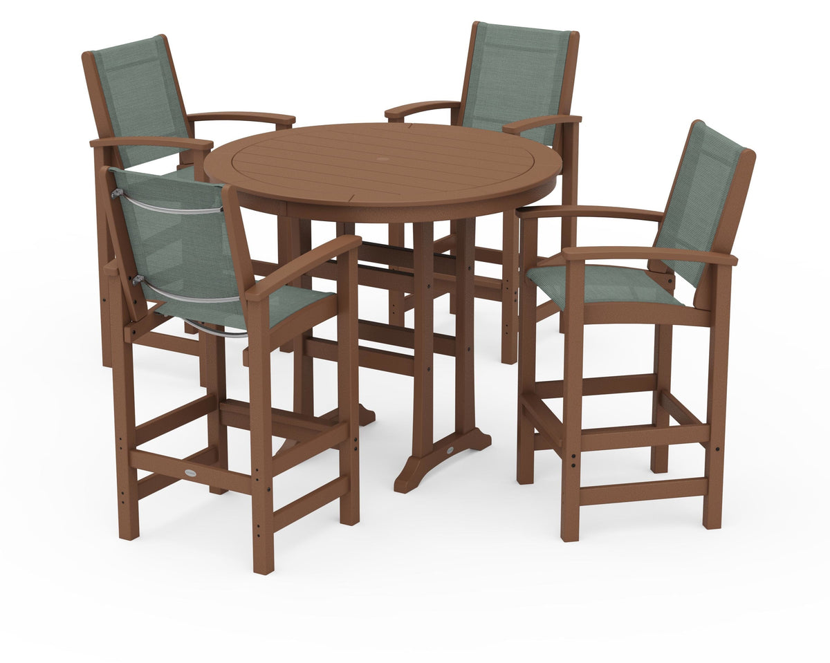 POLYWOOD Coastal 5-Piece Nautical Trestle Bar Set in Teak / Dupioni Sea Mist