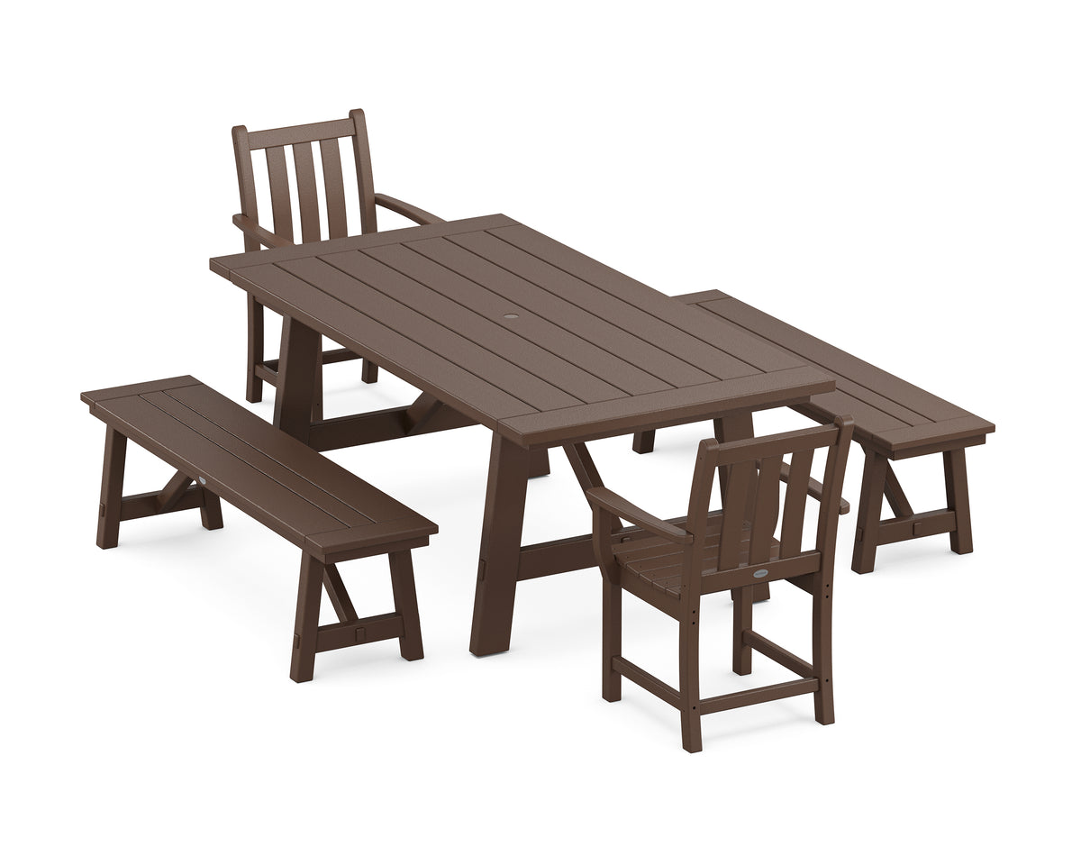 POLYWOOD Traditional Garden 5-Piece Rustic Farmhouse Dining Set with Benches in Mahogany