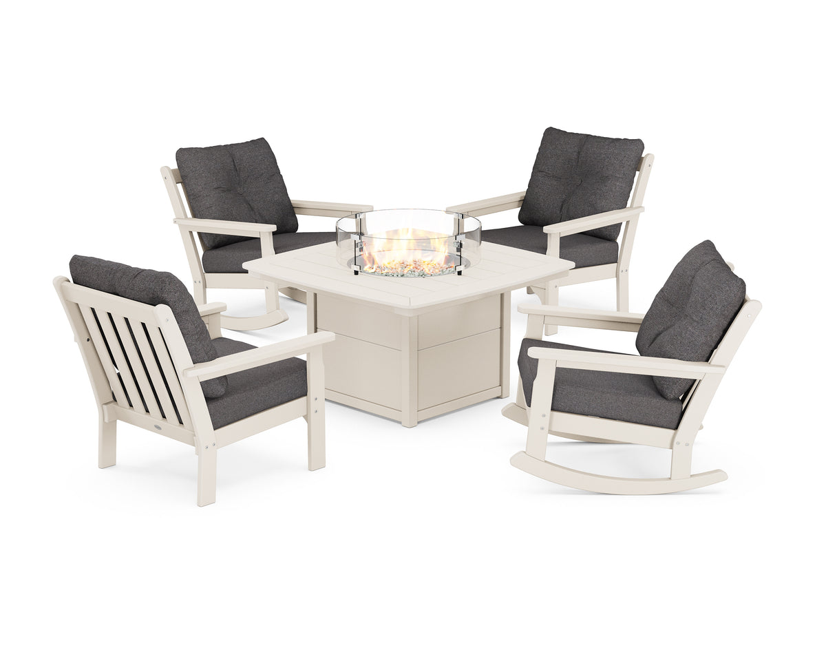 POLYWOOD Vineyard 5-Piece Deep Seating Rocking Chair Conversation Set with Fire Pit Table in Sand / Ash Charcoal