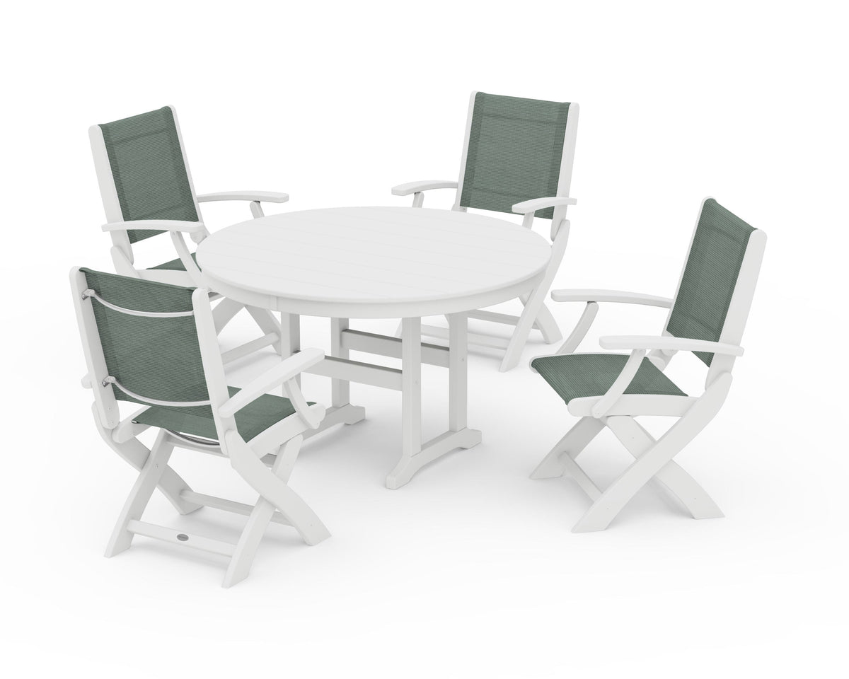 POLYWOOD Coastal Folding Chair 5-Piece Round Dining Set in White / Dupioni Sea Mist