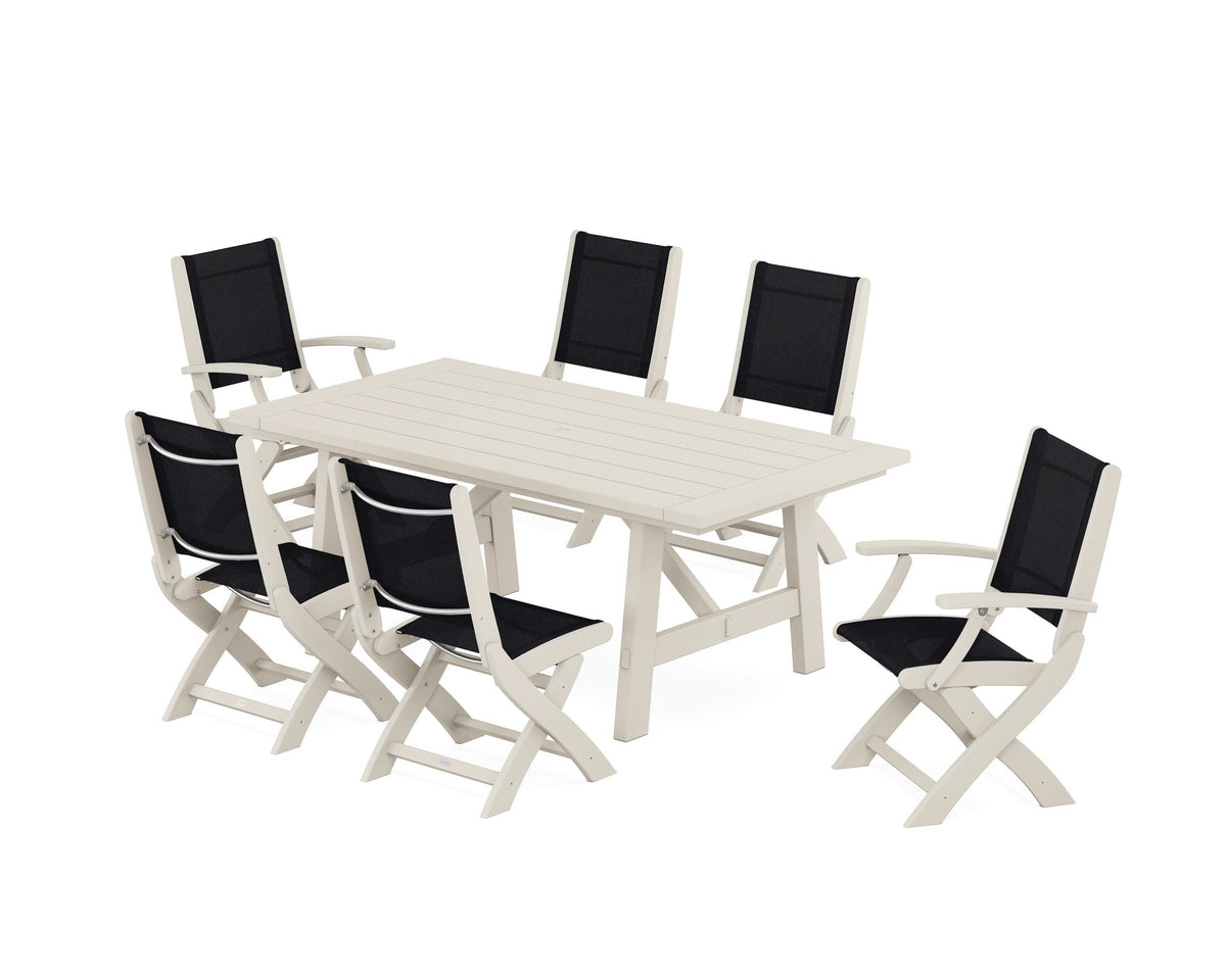 POLYWOOD Coastal Folding Chair 7-Piece Rustic Farmhouse Dining Set in Sand / Black