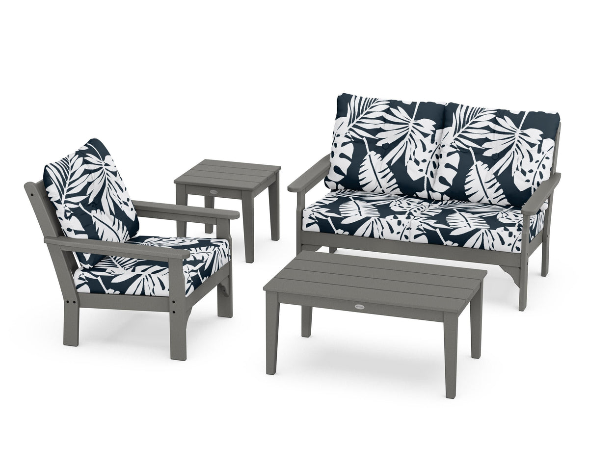 POLYWOOD Vineyard 4-Piece Deep Seating Set with 36" Coffee Table in Slate Grey / Leaf Marine Indigo