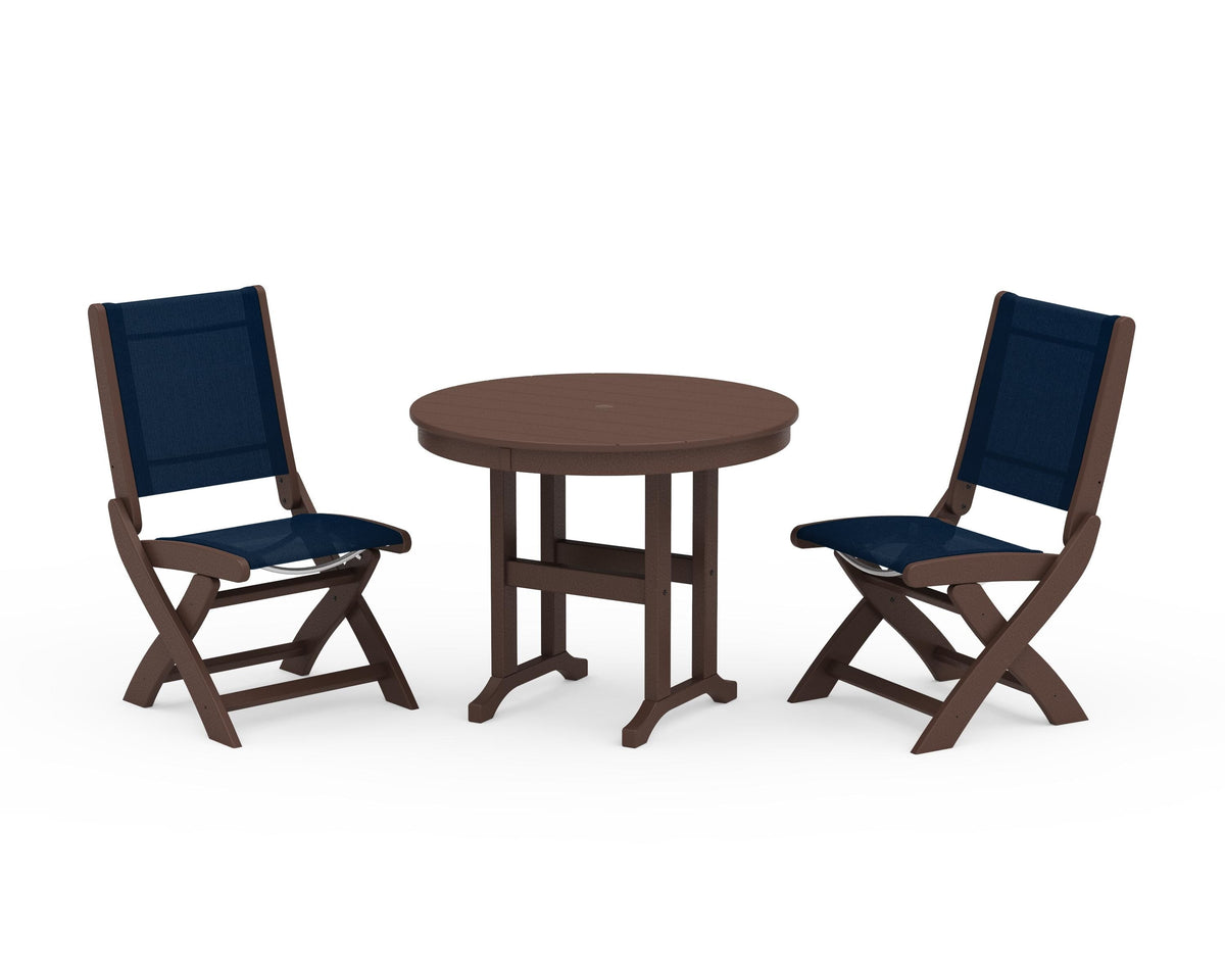 POLYWOOD Coastal Folding Side Chair 3-Piece Round Dining Set in Mahogany / Navy Blue