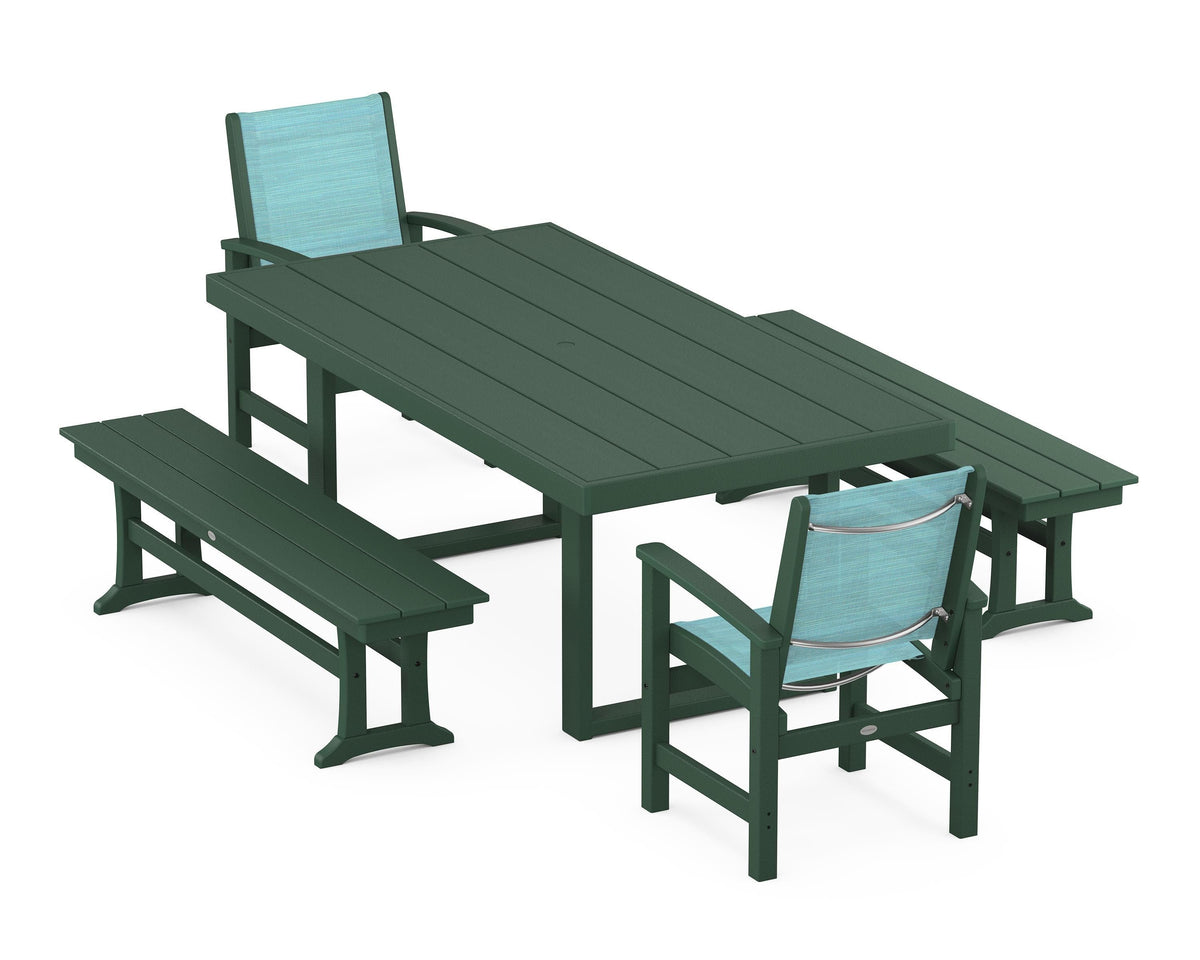 POLYWOOD Coastal 5-Piece Dining Set with Trestle Legs with EDGE 40" x 78" Dining Table in Green / Dupioni Aquamarine