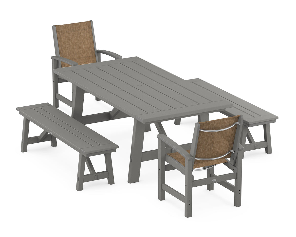 POLYWOOD Coastal 5-Piece Rustic Farmhouse Dining Set With Benches in Slate Grey / Burlap