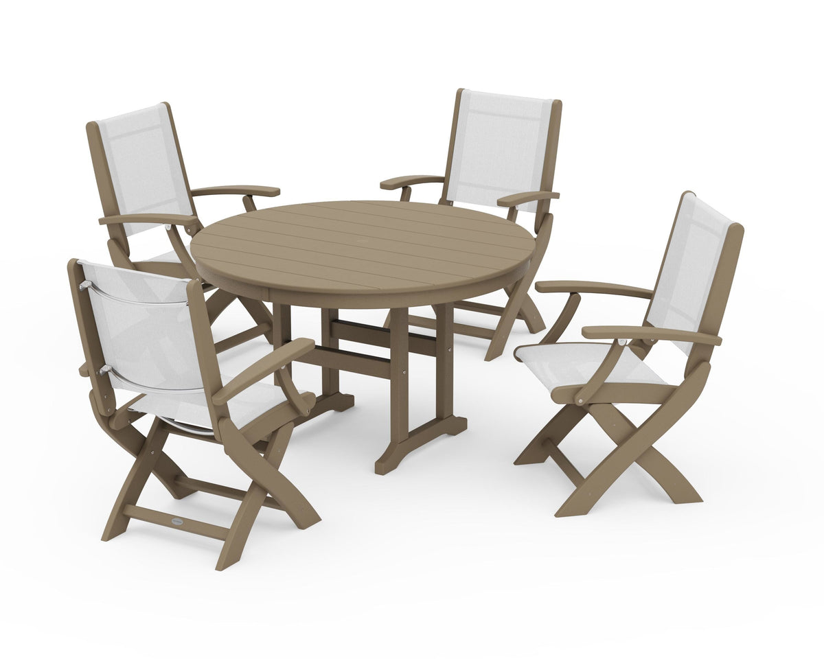 POLYWOOD Coastal Folding Chair 5-Piece Round Dining Set in Vintage Sahara / White