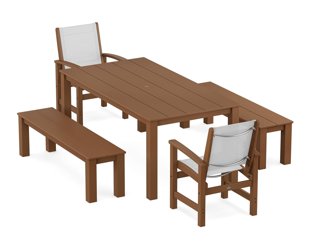 POLYWOOD Coastal 5-Piece Parsons Dining Set with Benches in Teak / White