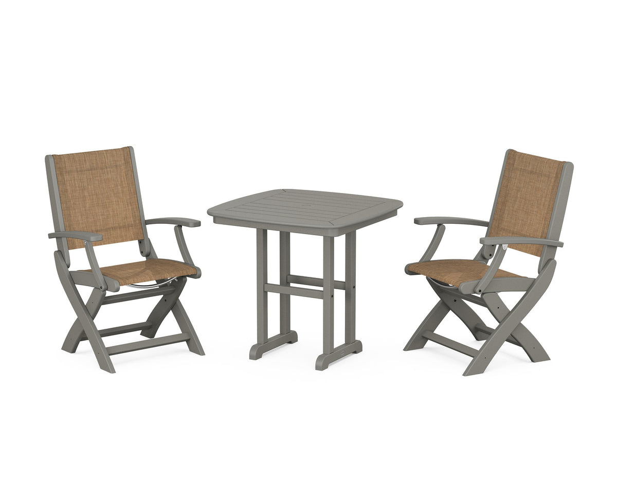POLYWOOD Coastal Folding Chair 3-Piece Dining Set in Slate Grey / Burlap