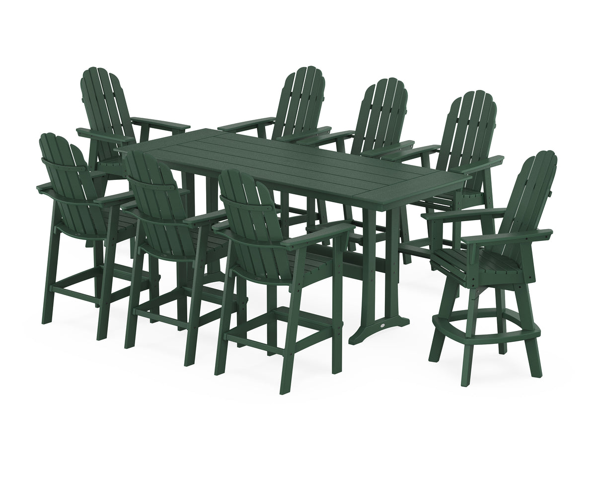 POLYWOOD Vineyard Curveback Adirondack Swivel 9-Piece Farmhouse Bar Set with Trestle Legs in Green