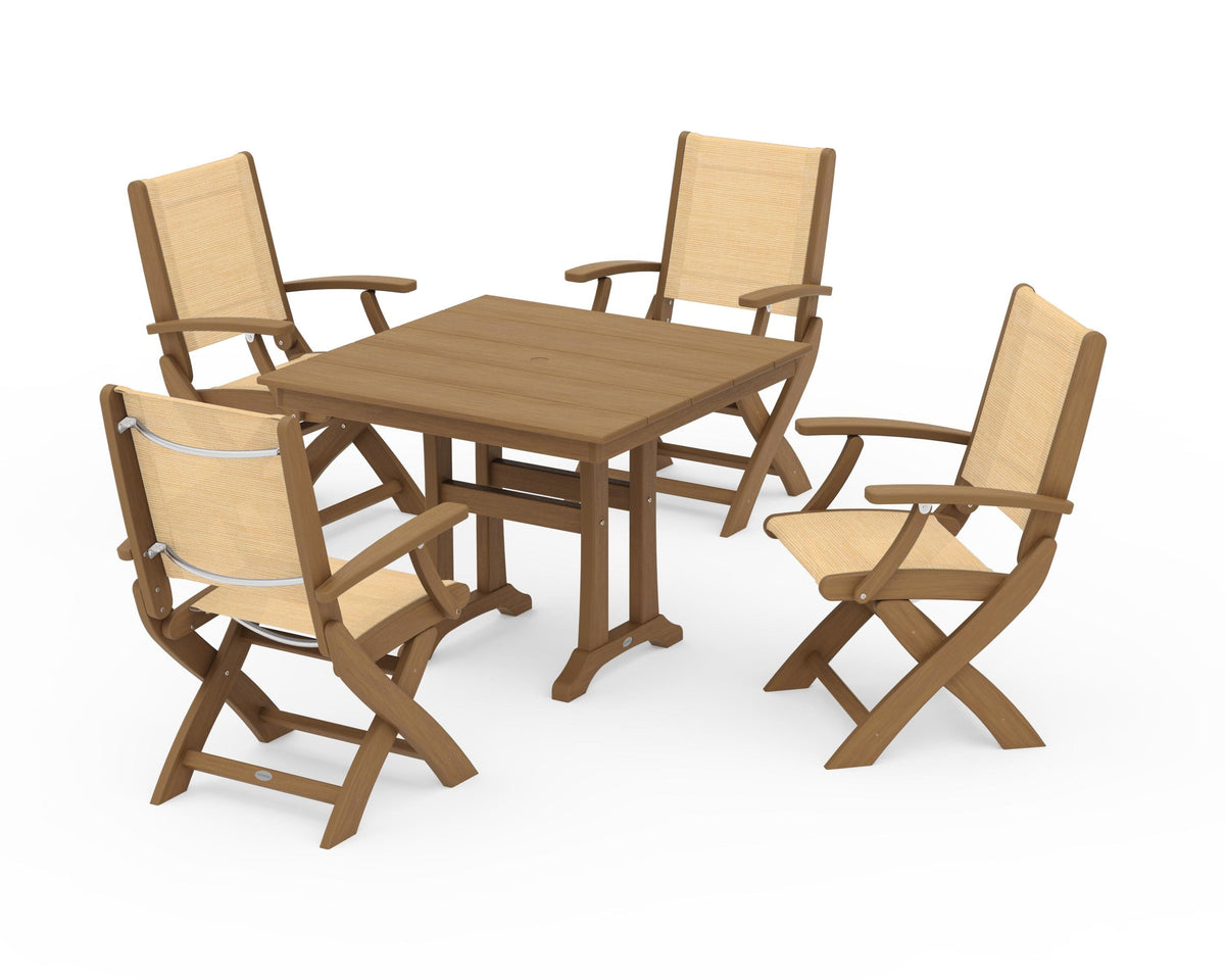 POLYWOOD Coastal Folding Chair 5-Piece Farmhouse Dining Set With Trestle Legs in Natural / Dupioni Apricot