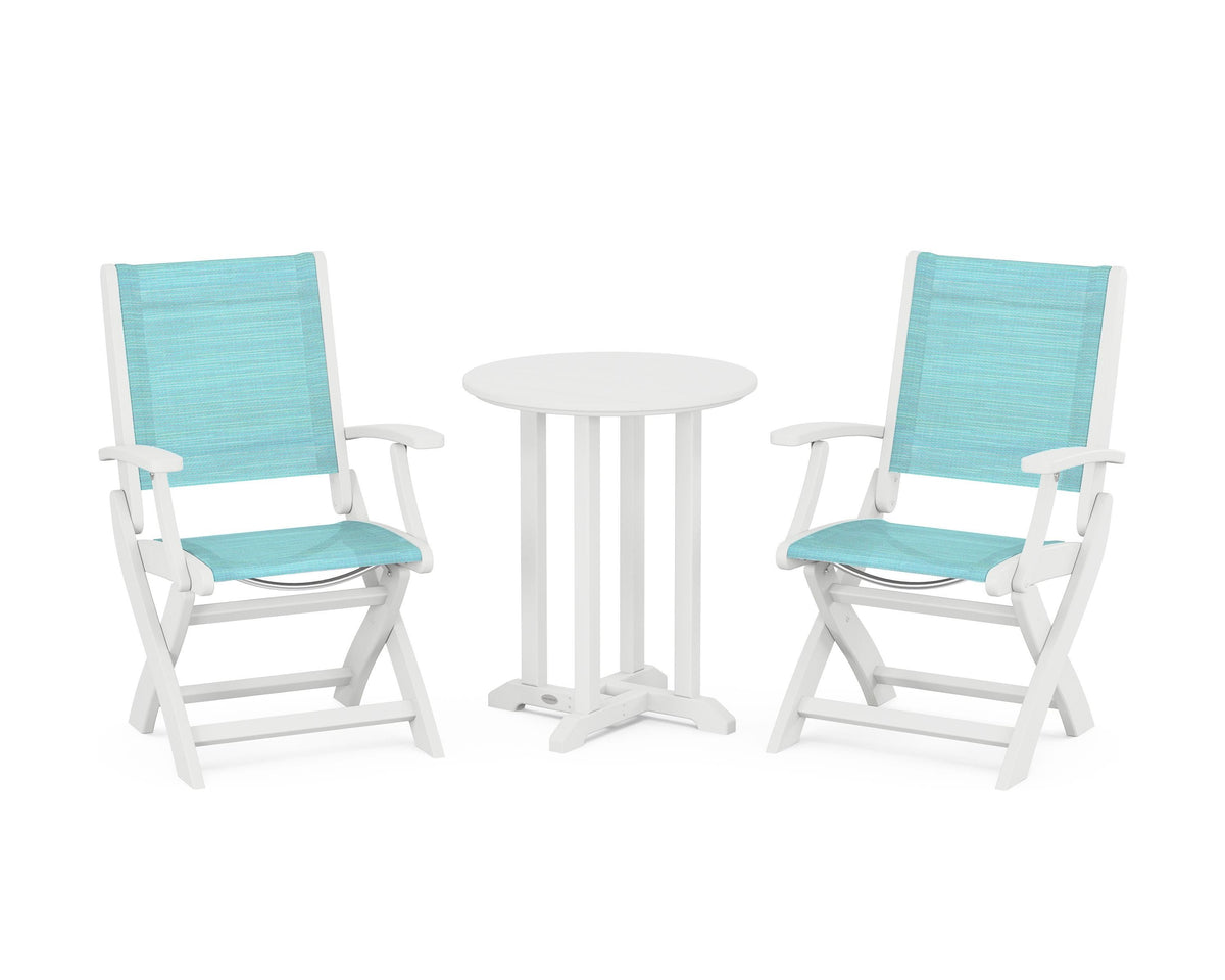 POLYWOOD Coastal Folding 3-Piece Round Bistro Dining Set in White / Dupioni Aquamarine