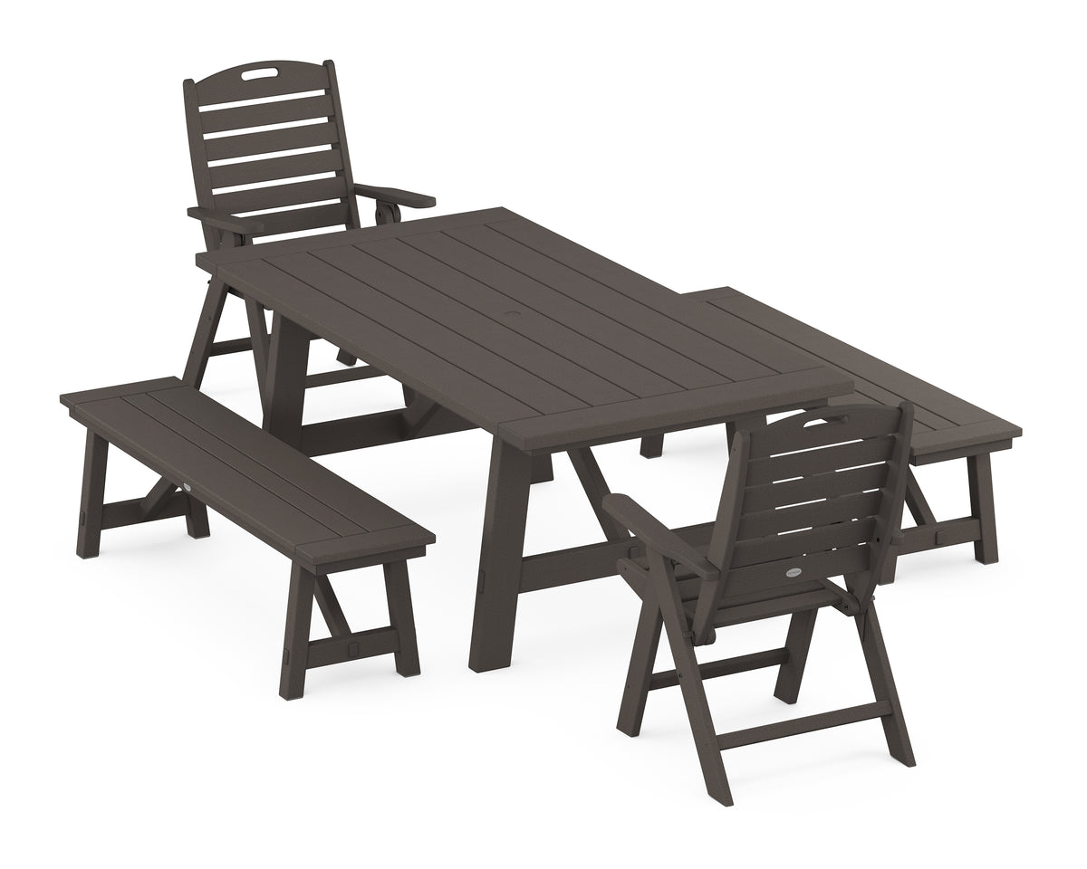 POLYWOOD Nautical Folding Highback Chair 5-Piece Rustic Farmhouse Dining Set with Benches in Vintage Coffee