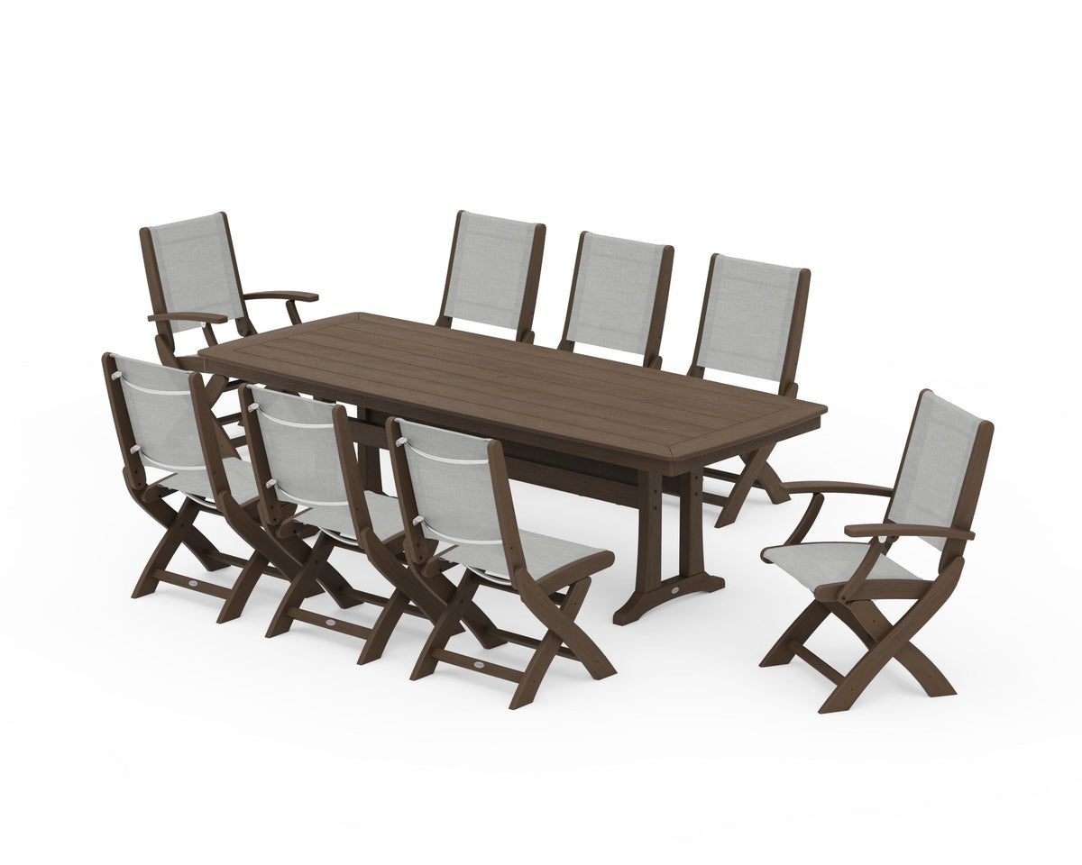 POLYWOOD Coastal Folding 9-Piece Dining Set with Trestle Legs in Kona / Metallic