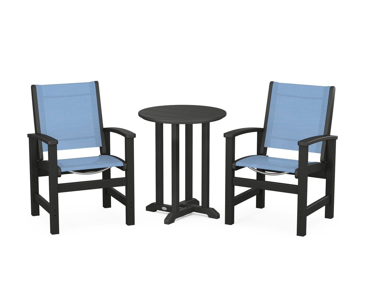 POLYWOOD Coastal 3-Piece Round Bistro Dining Set in Black / Poolside
