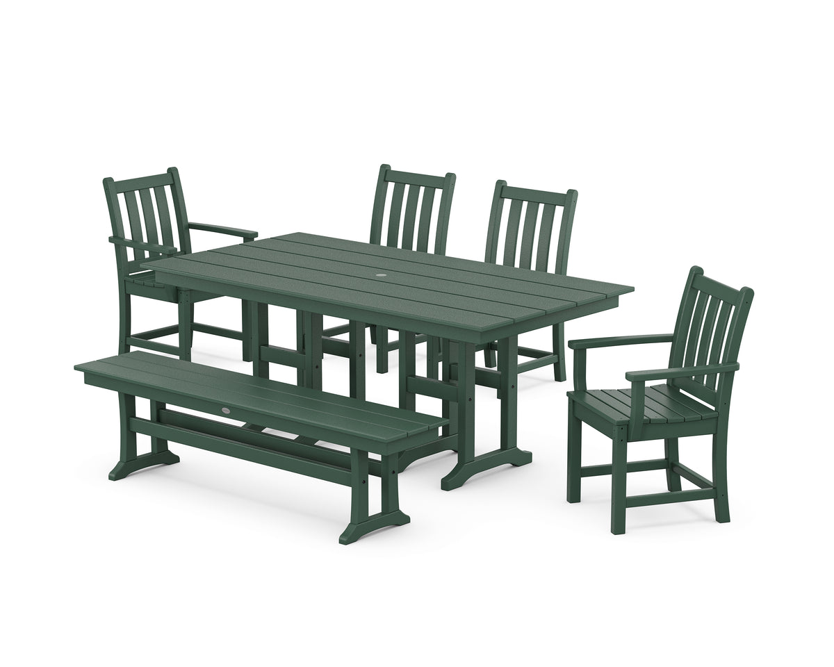 POLYWOOD Traditional Garden 6-Piece Farmhouse Dining Set with Bench in Green